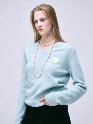 RACCOON BLENDED V NECK SQUARE LOGO_MINT Reinforced Hemline