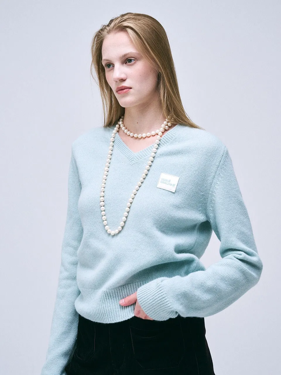 RACCOON BLENDED V NECK SQUARE LOGO_MINT Reinforced Hemline