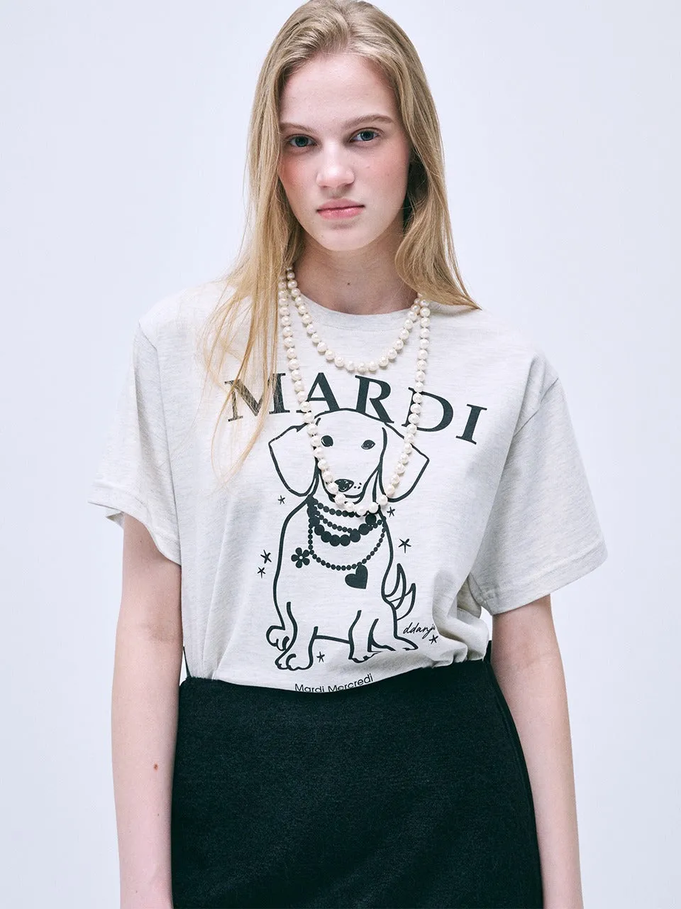 TSHIRT SWING THE TAIL DDANJI PEARL NECKLACE_OATMEAL BLACK UltraLightweight