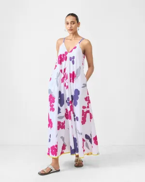 V-Neck Strappy Dress - White & Purple Printed Breathable Style