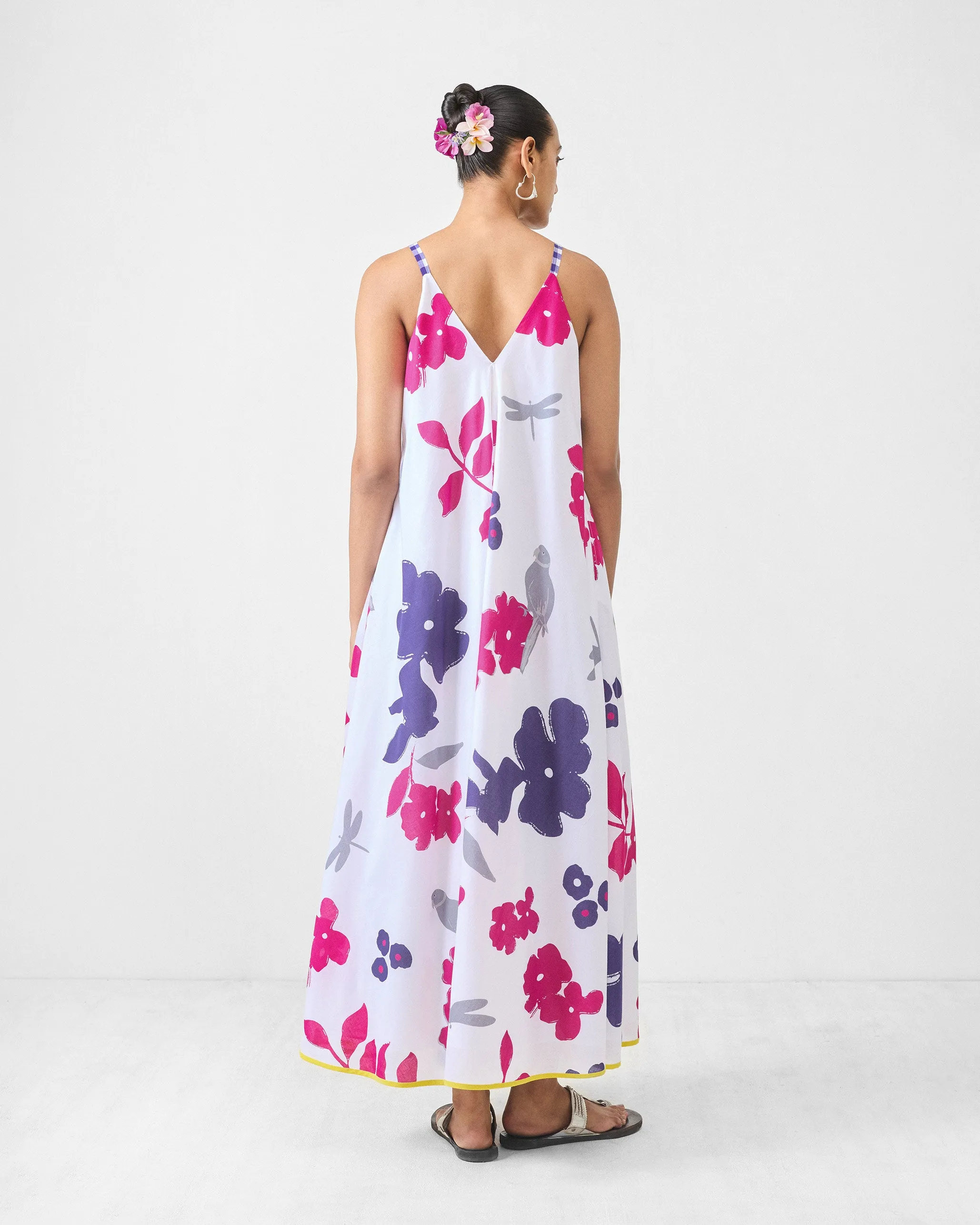 V-Neck Strappy Dress - White & Purple Printed Seasonal Essential