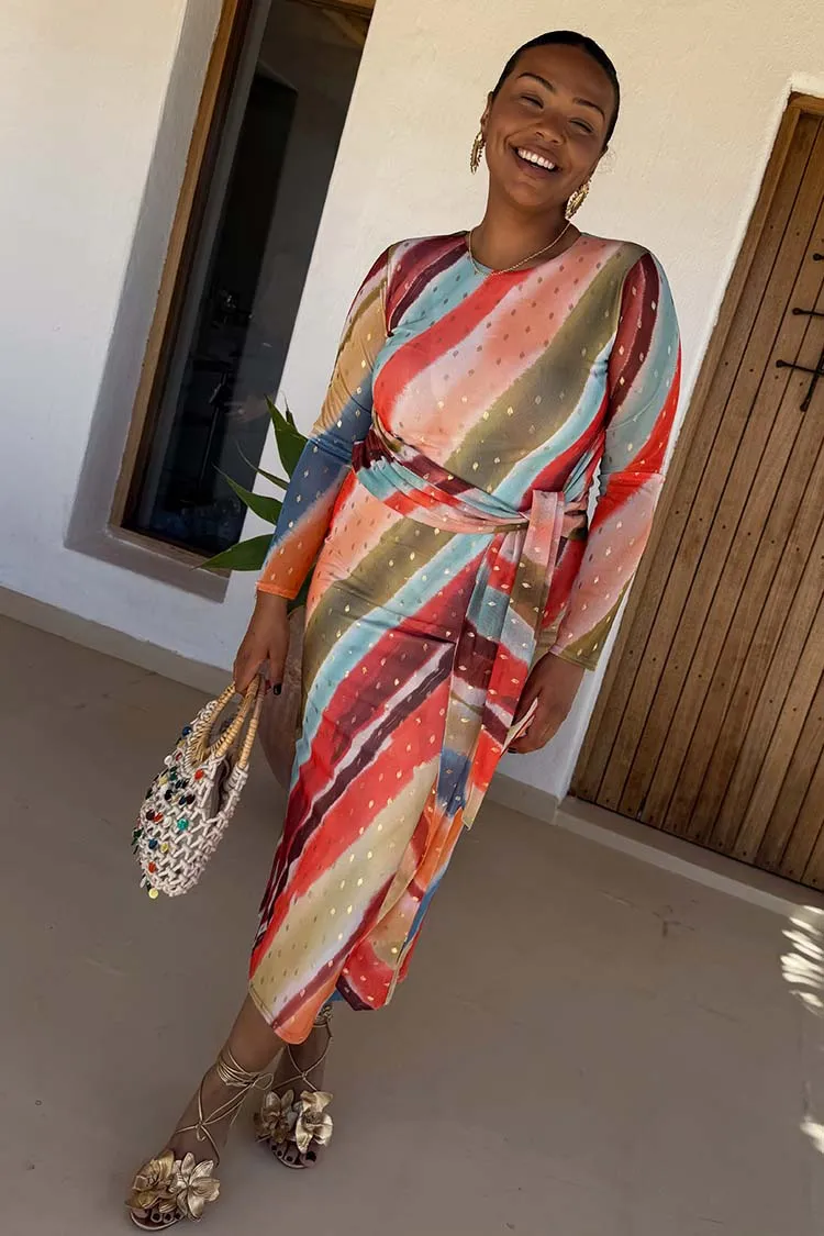 Smart Silhouette Classic Touch Sunset Stripe Mesh Midi Dress