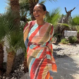 Sunset Stripe Mesh Midi Dress Trend Fit Lightweight Fit