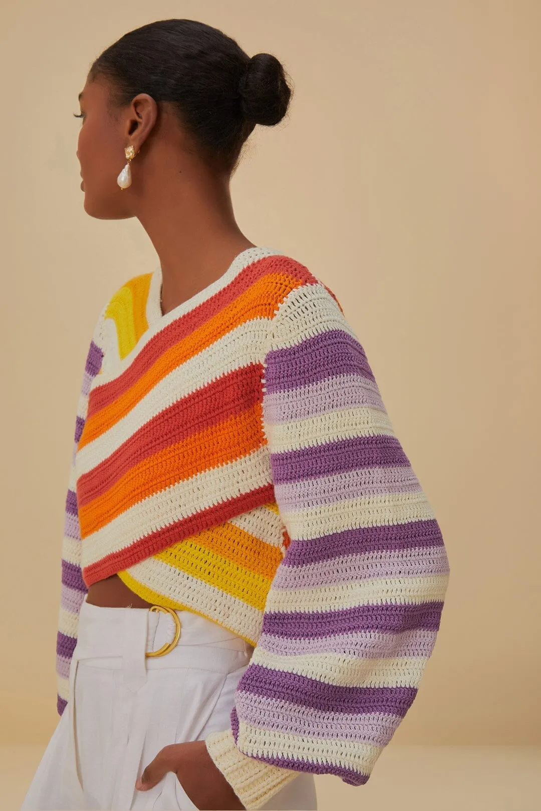 Seasonal Comforted Snug Style Sunset Stripes Crochet Sweater