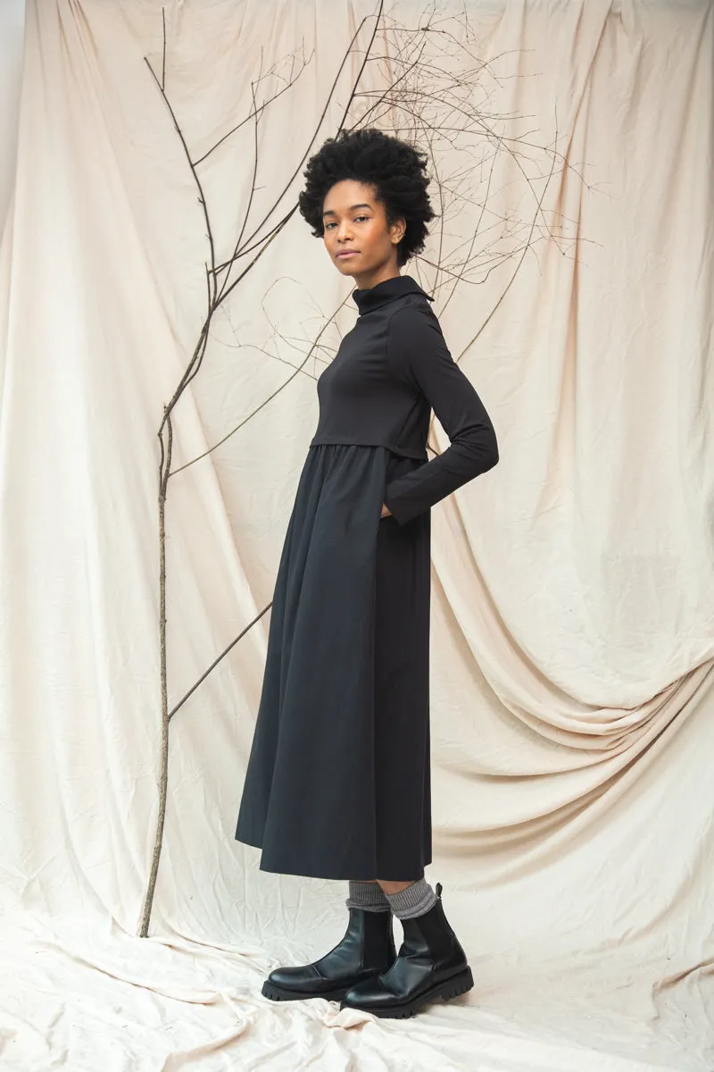 Scandi Light Birch Organic Cotton Jersey and Poplin Dress in Black