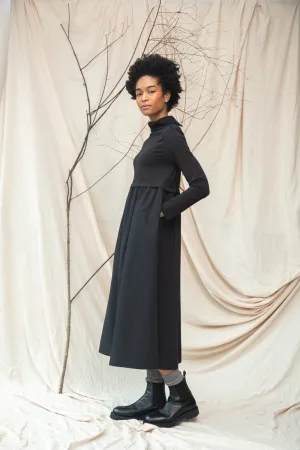 Scandi Light Birch Organic Cotton Jersey and Poplin Dress in Black