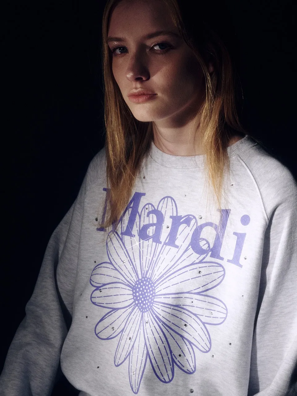 product date night charm factor rhinestone accents SWEATSHIRT RAGLAN FLOWERMARDI STONE EMBELLISHED_HEATHER PURPLE