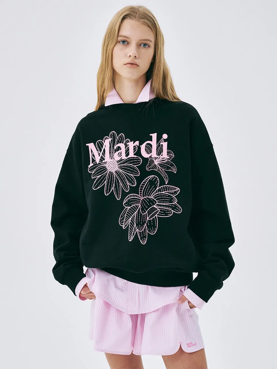 glove accents Lounge Wear SWEATSHIRT TRIPLE FLOWER_BLACK PINK