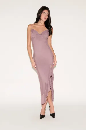 SWEETHEART NECK MESH RUFFLE SLIT MAXI DRESS Silky Movement