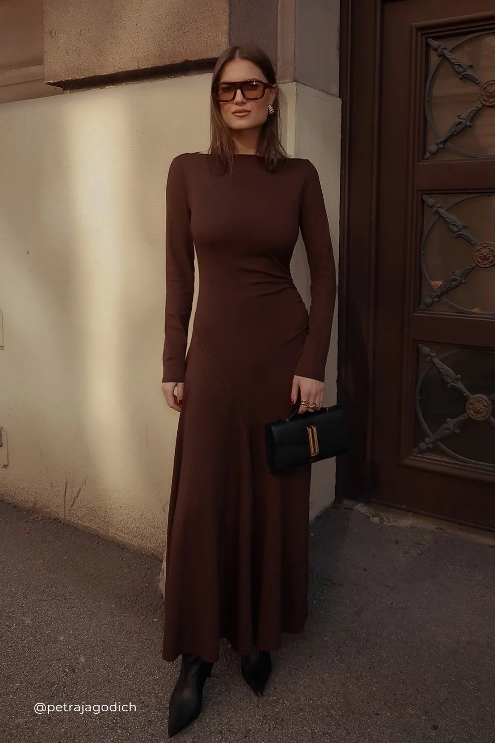Chic Comfort Elegant Cut HADLEY CHOC LONG SLEEVE KNIT MAXI DRESS