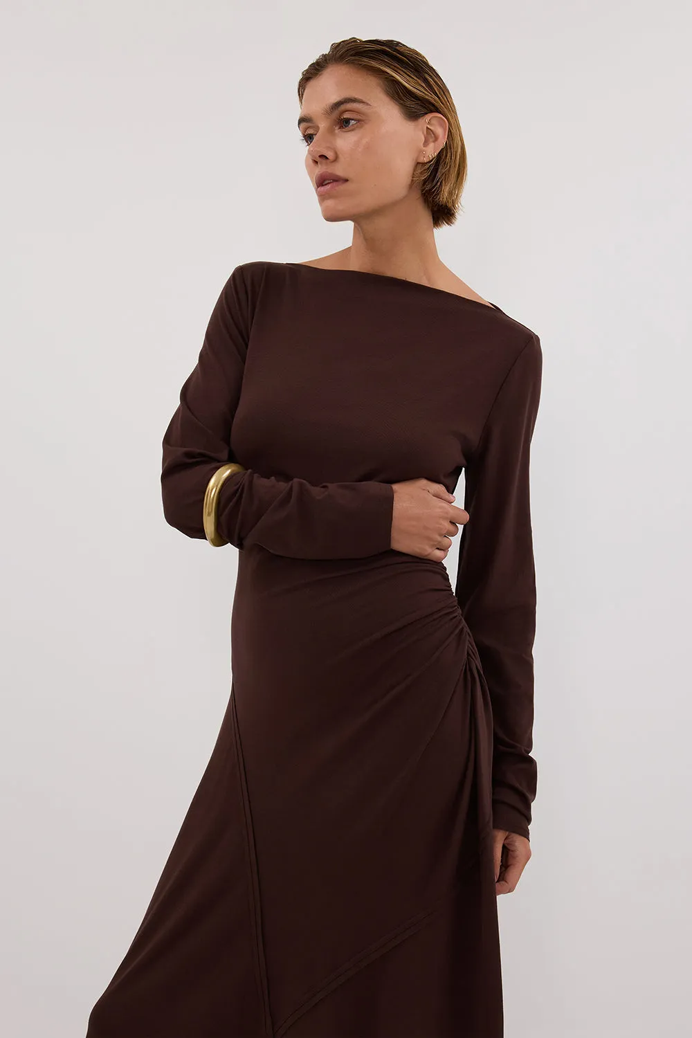 HADLEY CHOC LONG SLEEVE KNIT MAXI DRESS Adjustable-Straps Sharp Profile