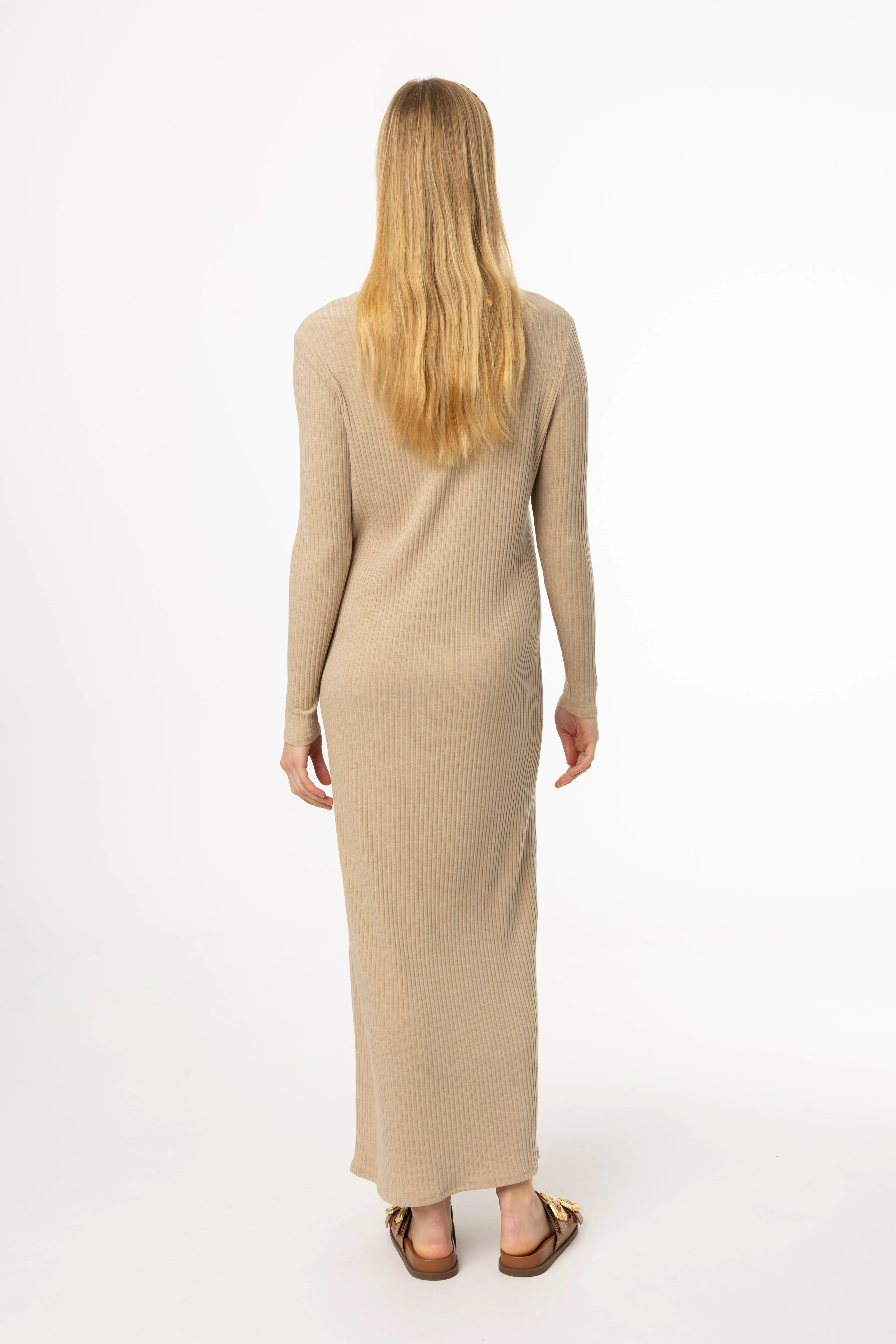 Formal dinner wear Tan Wide Ribbed Basic Maxi Dress