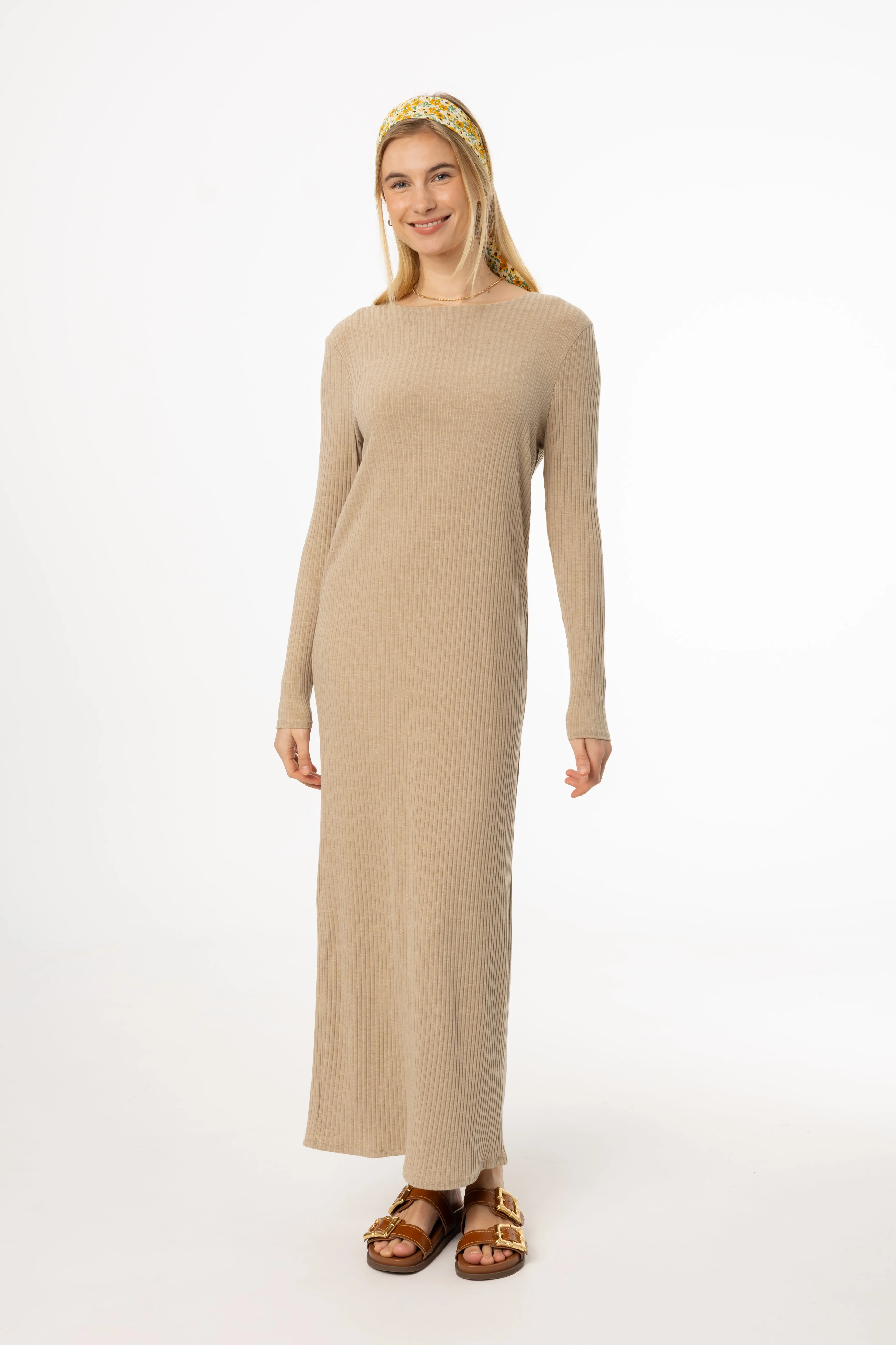 Tan Wide Ribbed Basic Maxi Dress Bold Structure Office Layer