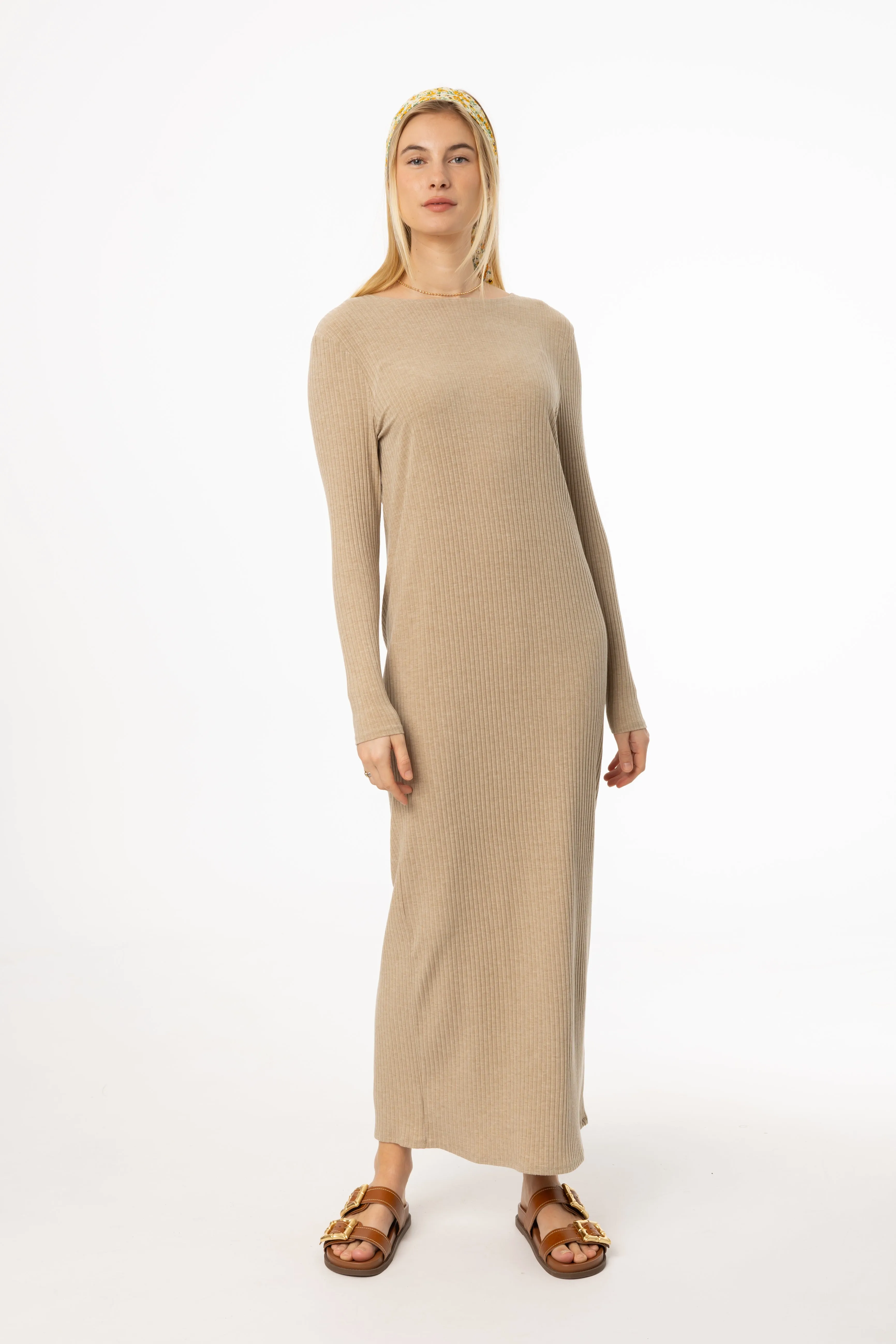 Timeless office dress breathable-mesh Tan Wide Ribbed Basic Maxi Dress