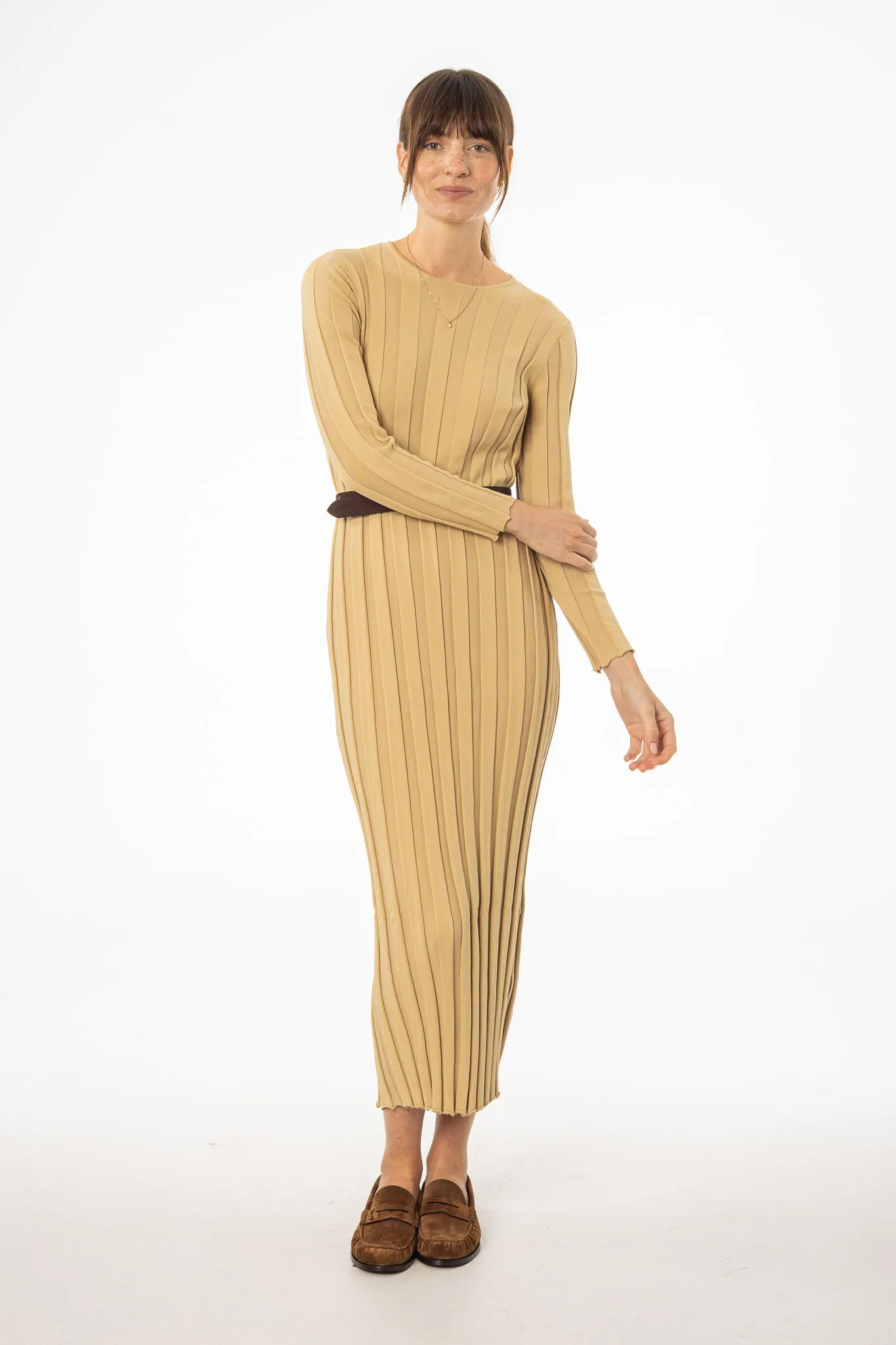 Tan Wide Ribbed Maxi Dress Subtle Look Draped-Style