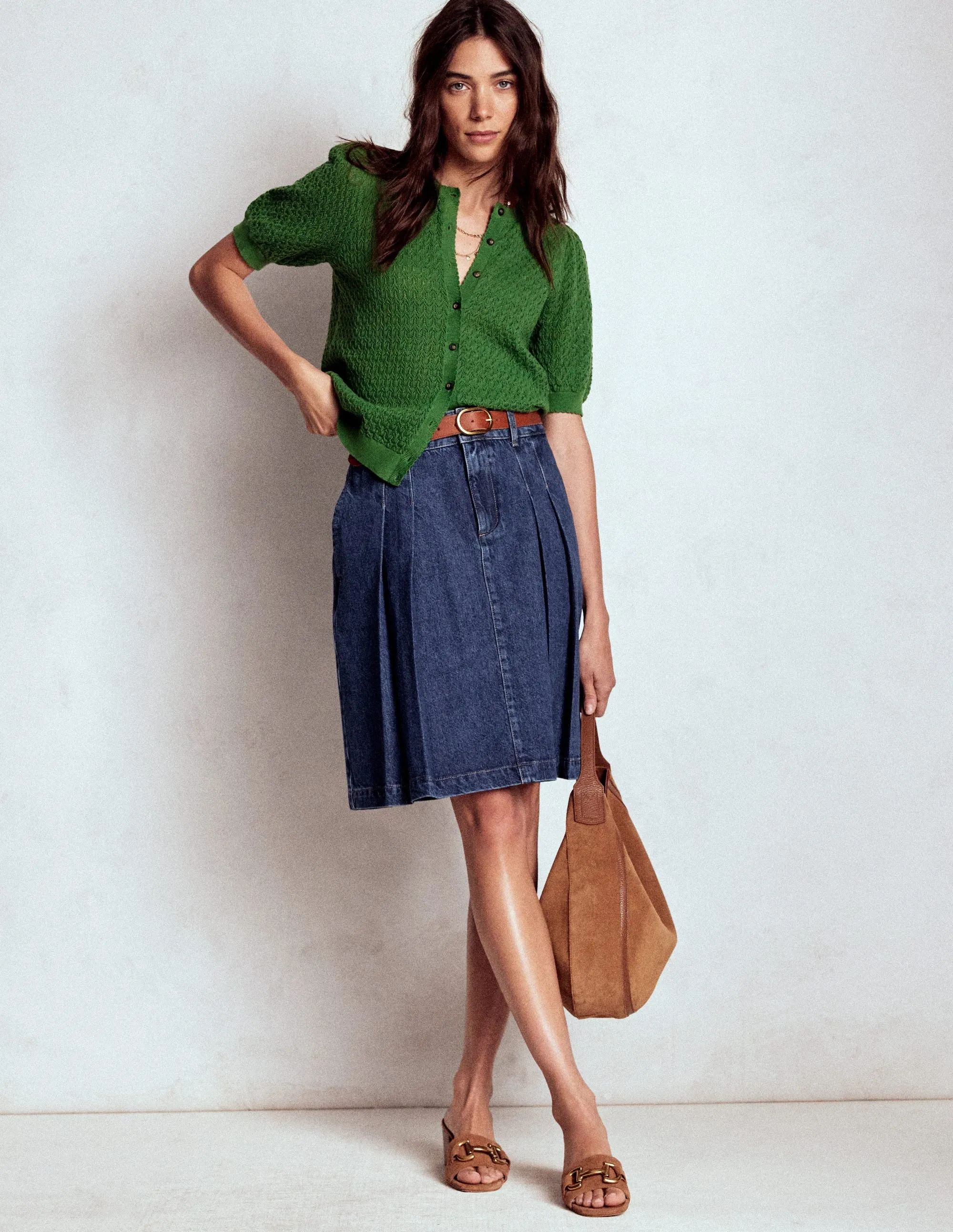 Pleated Denim Skirt-Mid Wash Ultra Comfort