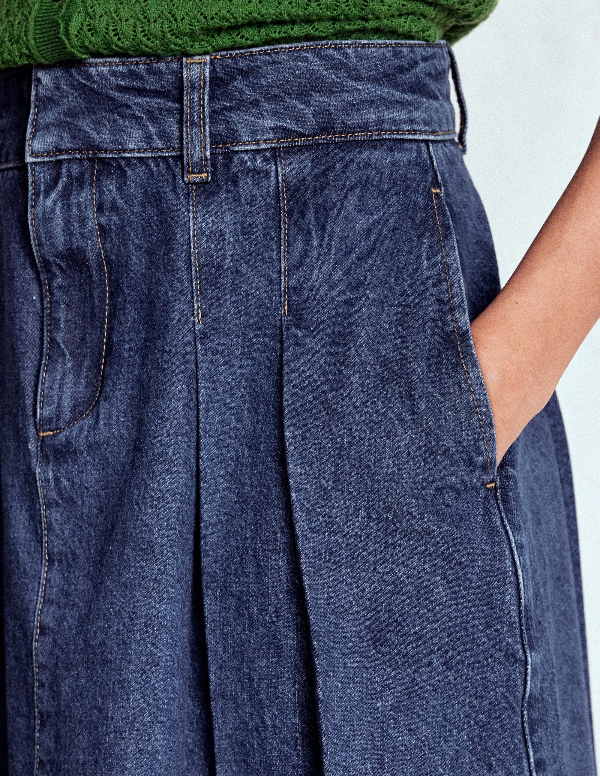 Pleated Denim Skirt-Mid Wash Breezy Edge