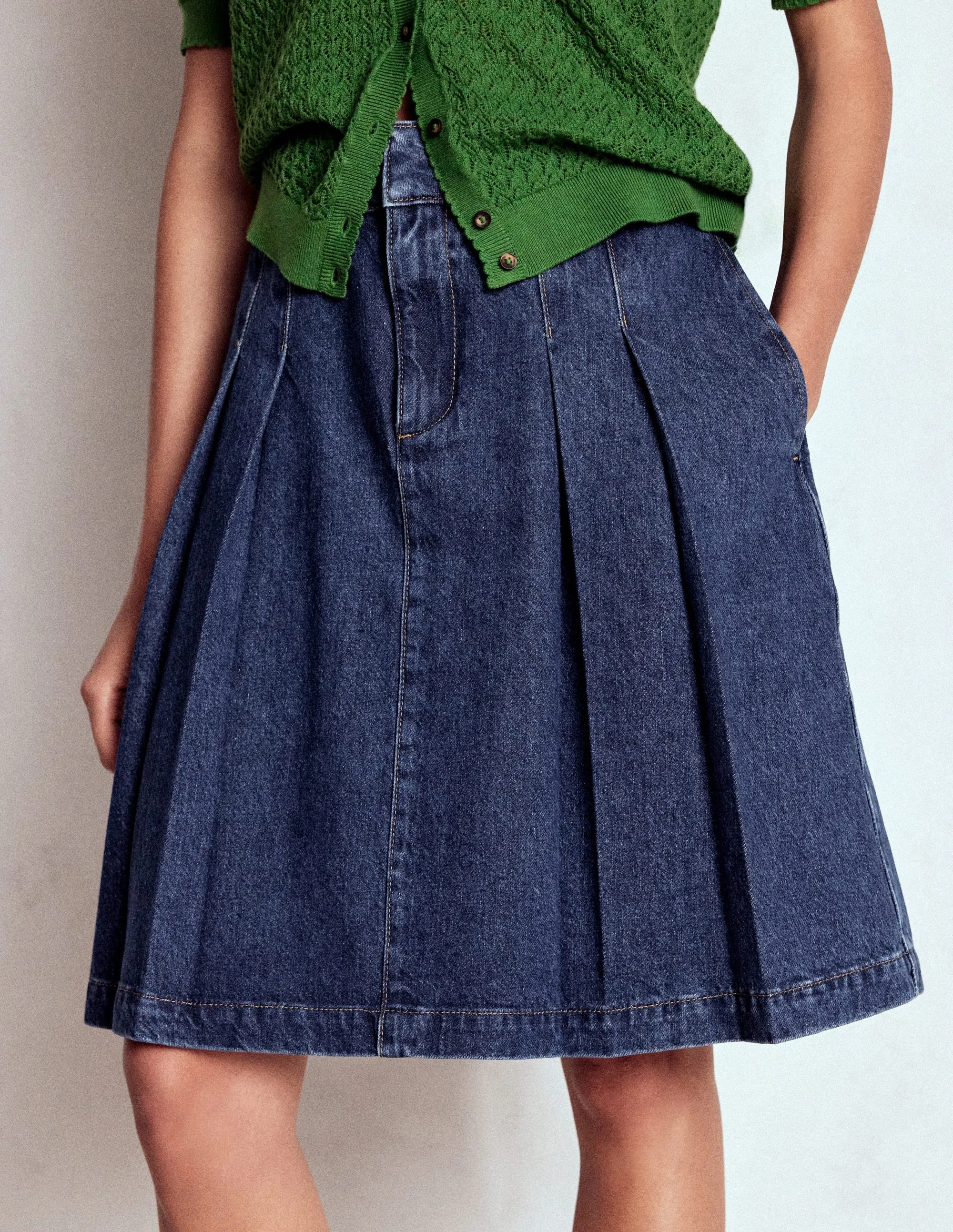 Pleated Denim Skirt-Mid Wash Wrinkle Resistant Finish