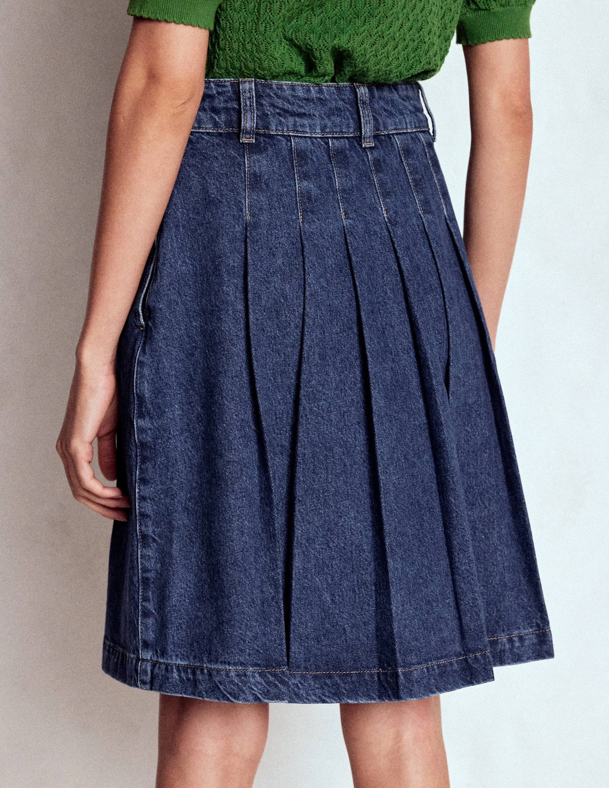 Pleated Denim Skirt-Mid Wash Day Ready Earth Tones