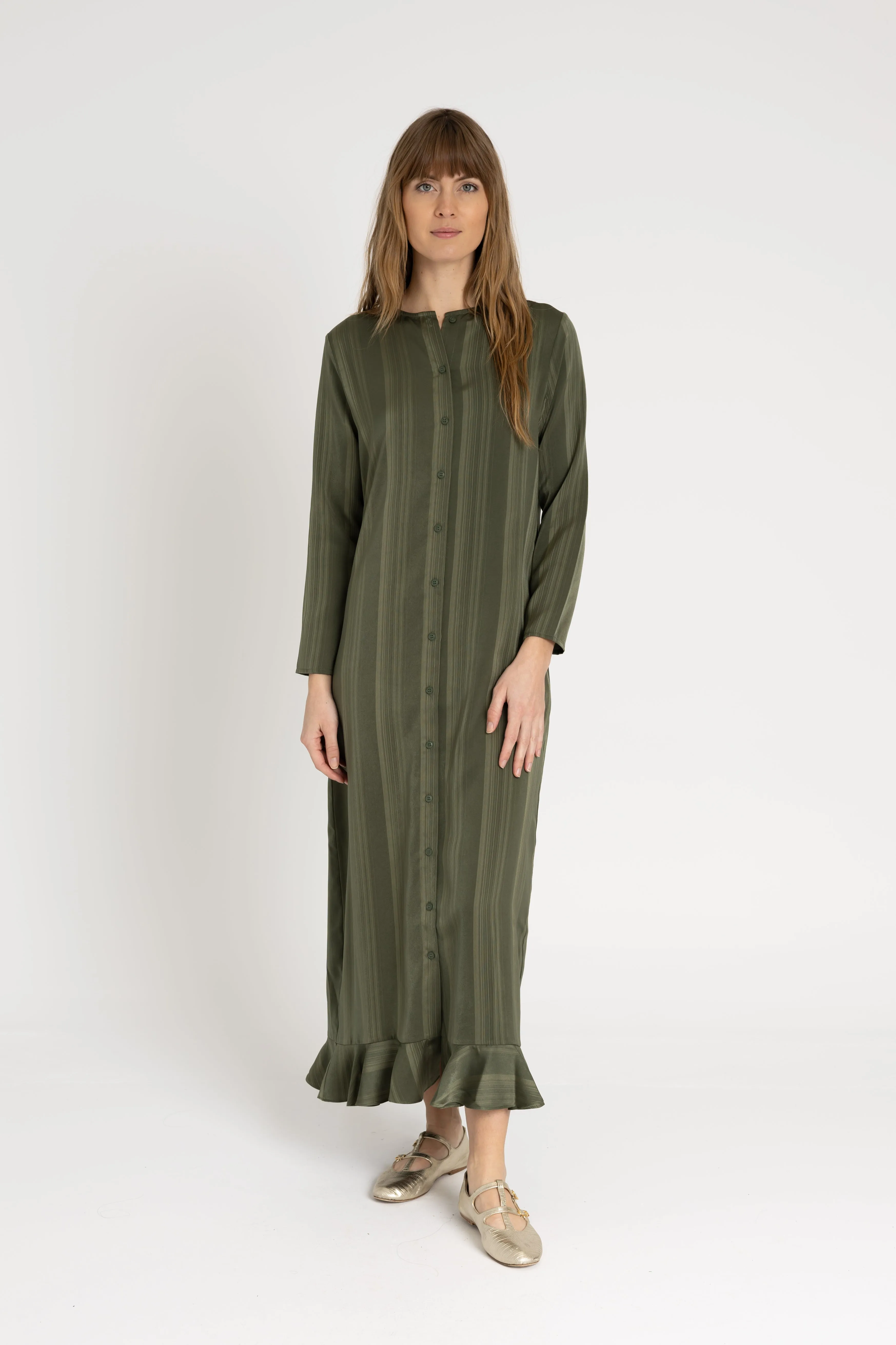 Green Striped Button Down Maxi Daily Comfort Sharp Motion
