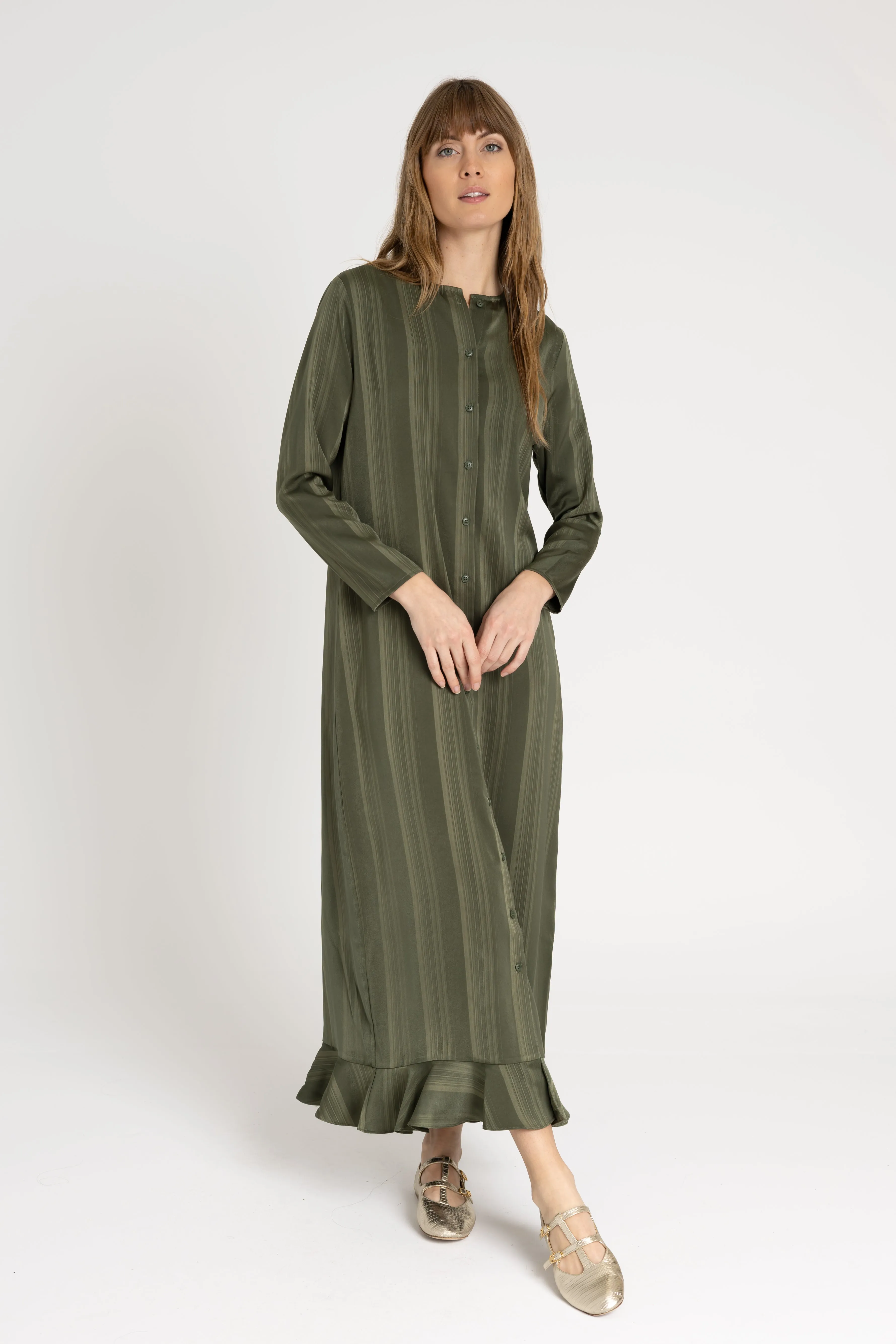 Green Striped Button Down Maxi Travel-Pack Elegant Tailoring