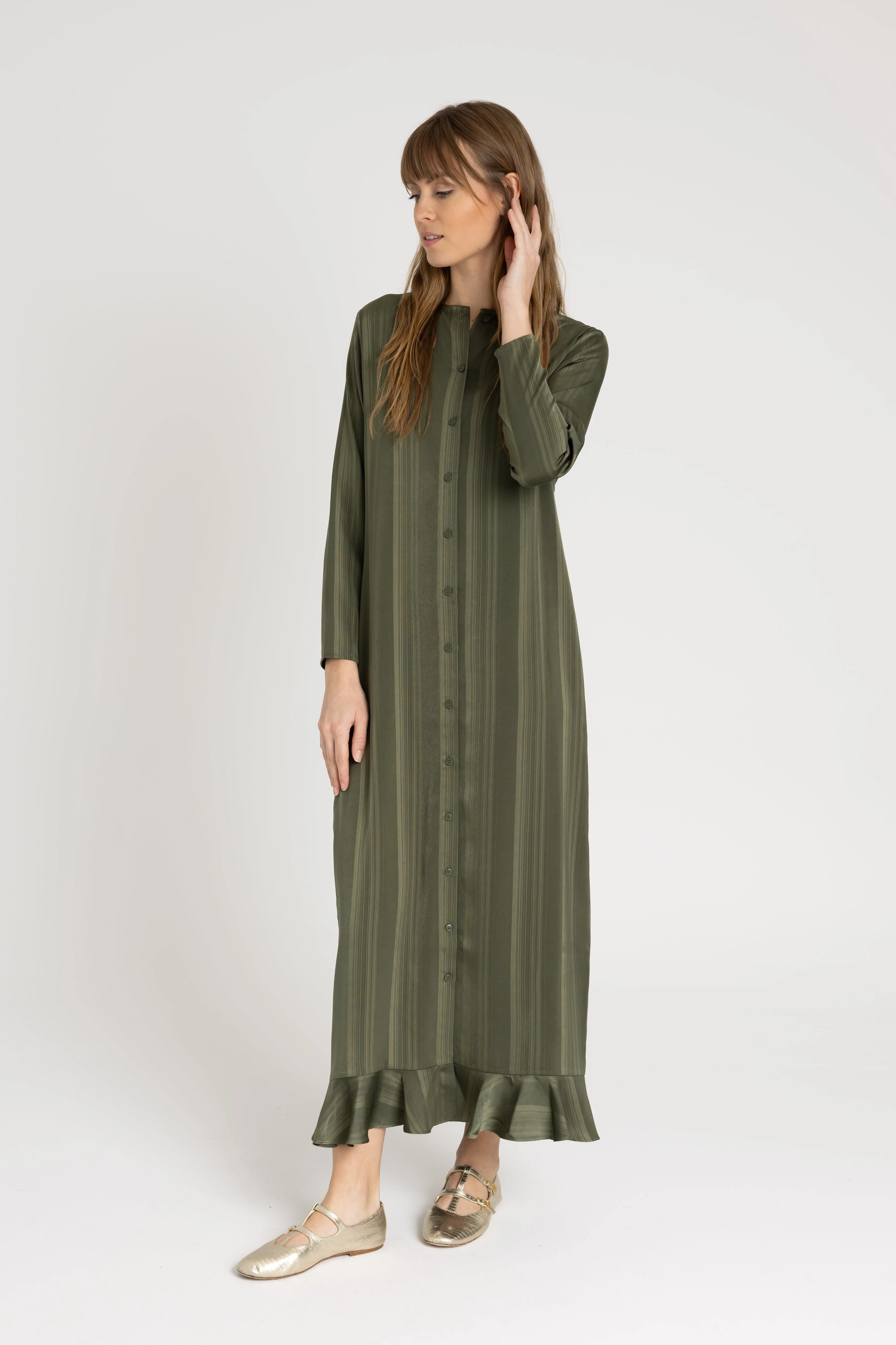 Casual Waist Green Striped Button Down Maxi