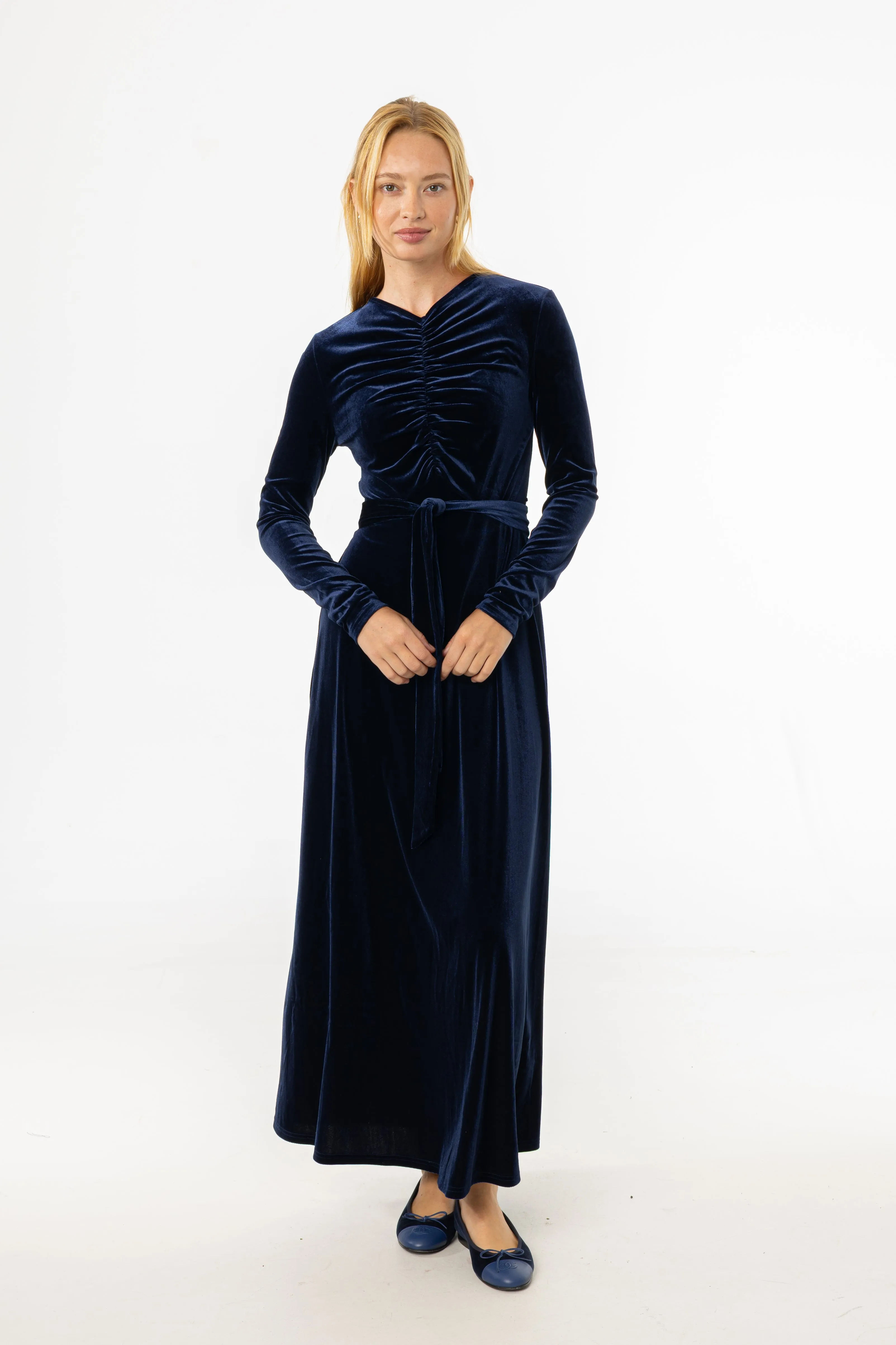 Drape Wave Navy Ruched Velour Maxi Dress