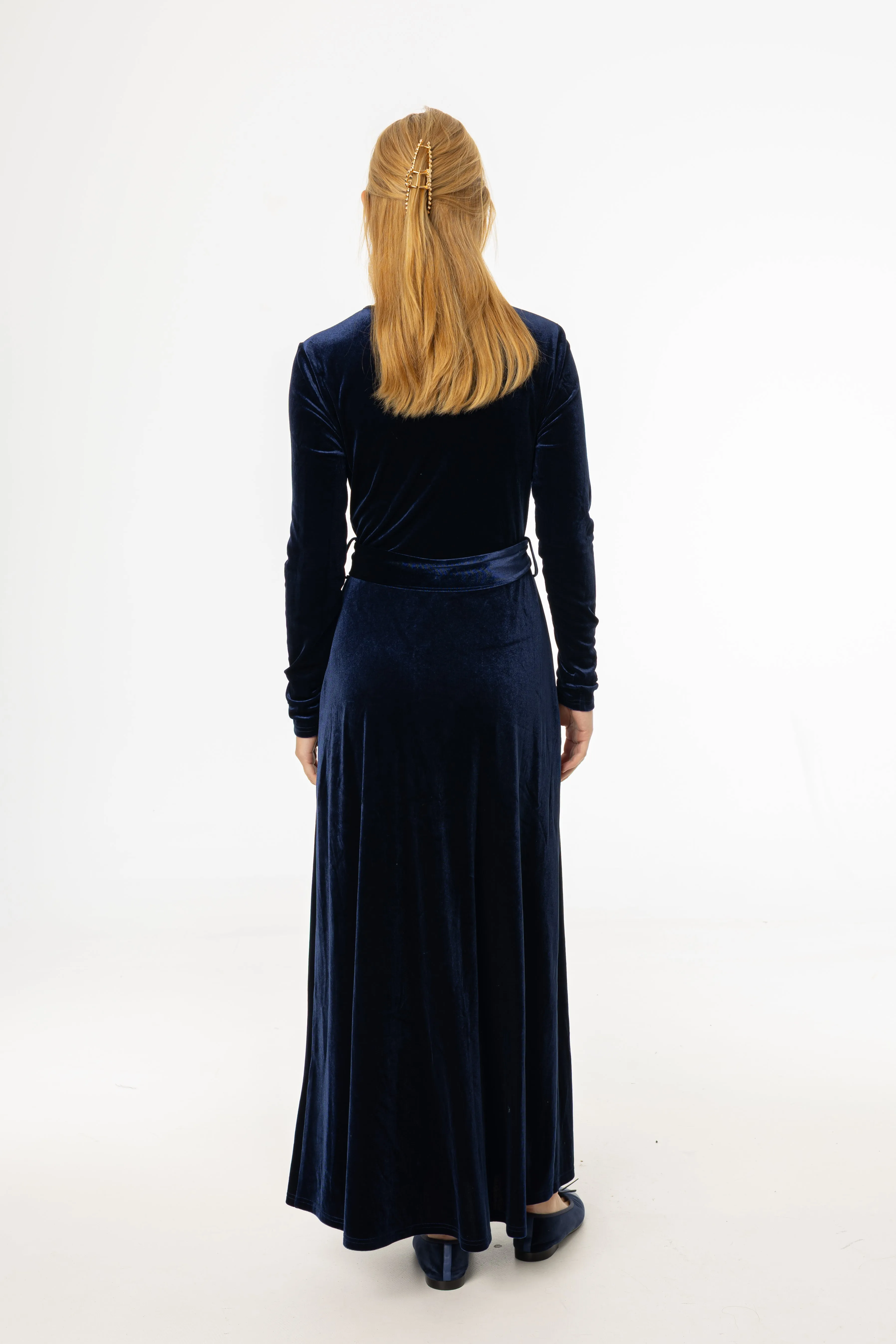 Navy Ruched Velour Maxi Dress Collar Accent Beauty Zone