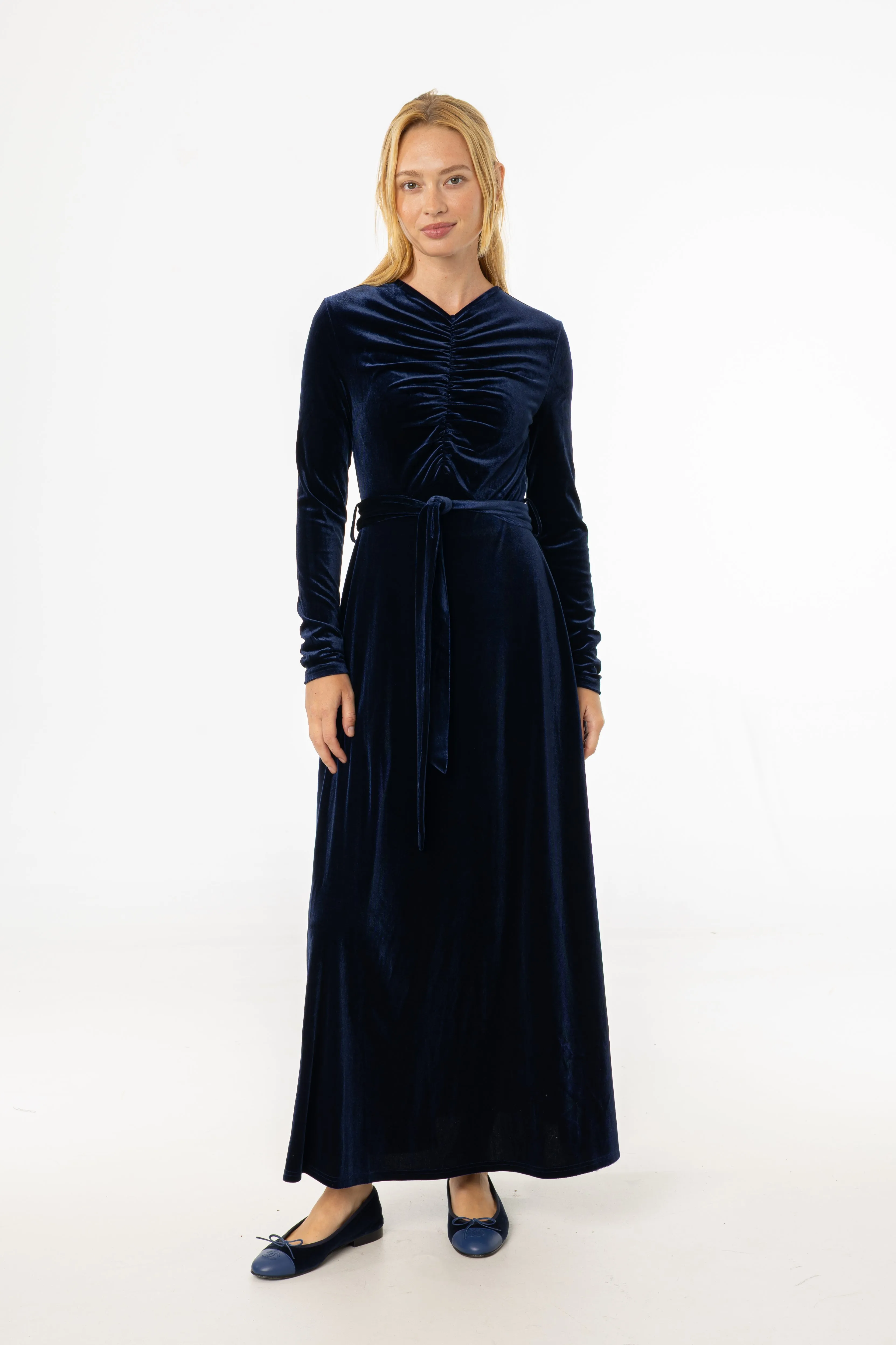 Fit Focused Grace Vibe Navy Ruched Velour Maxi Dress