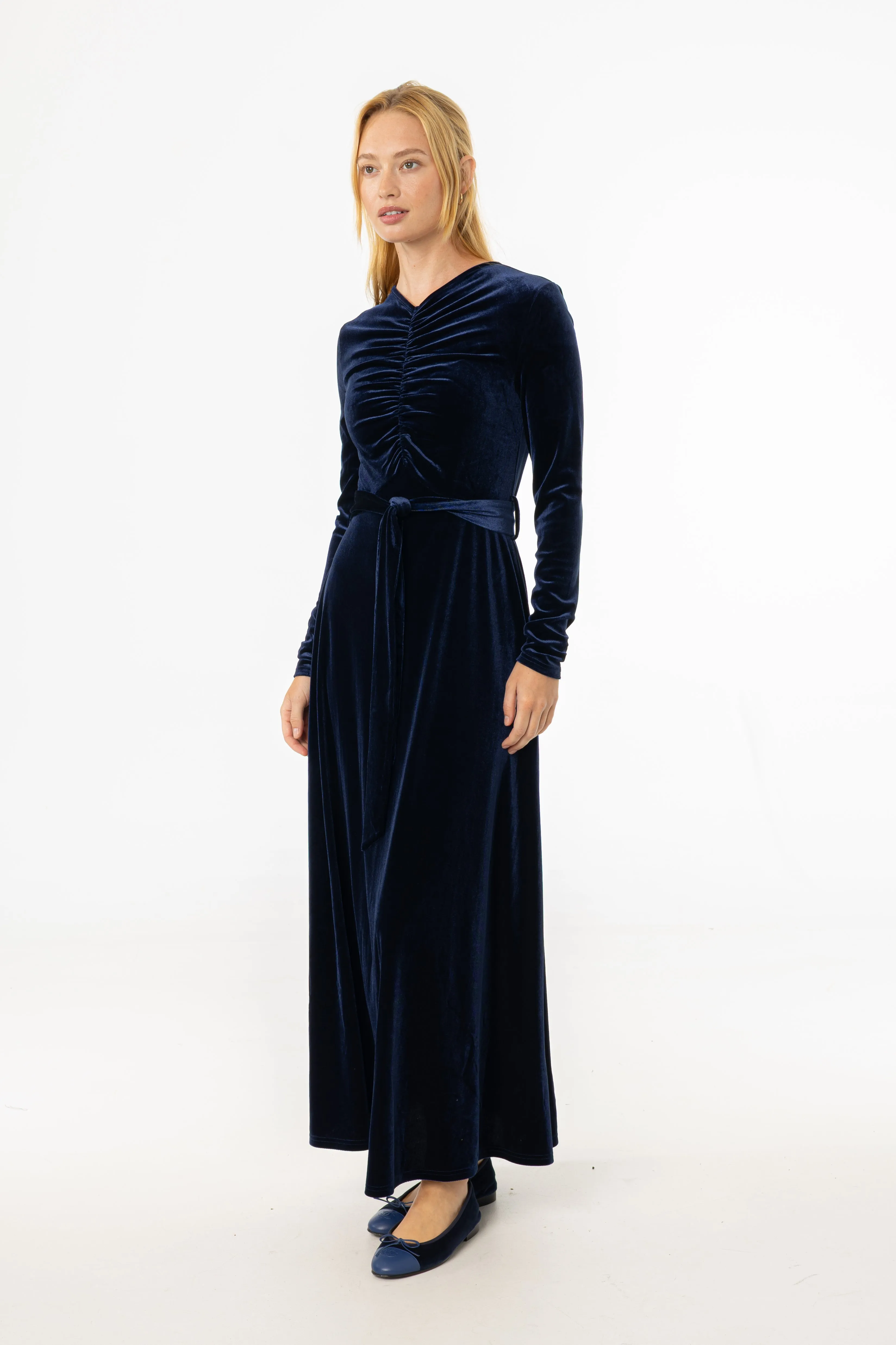 Navy Ruched Velour Maxi Dress Quiet Glow Noble Aura