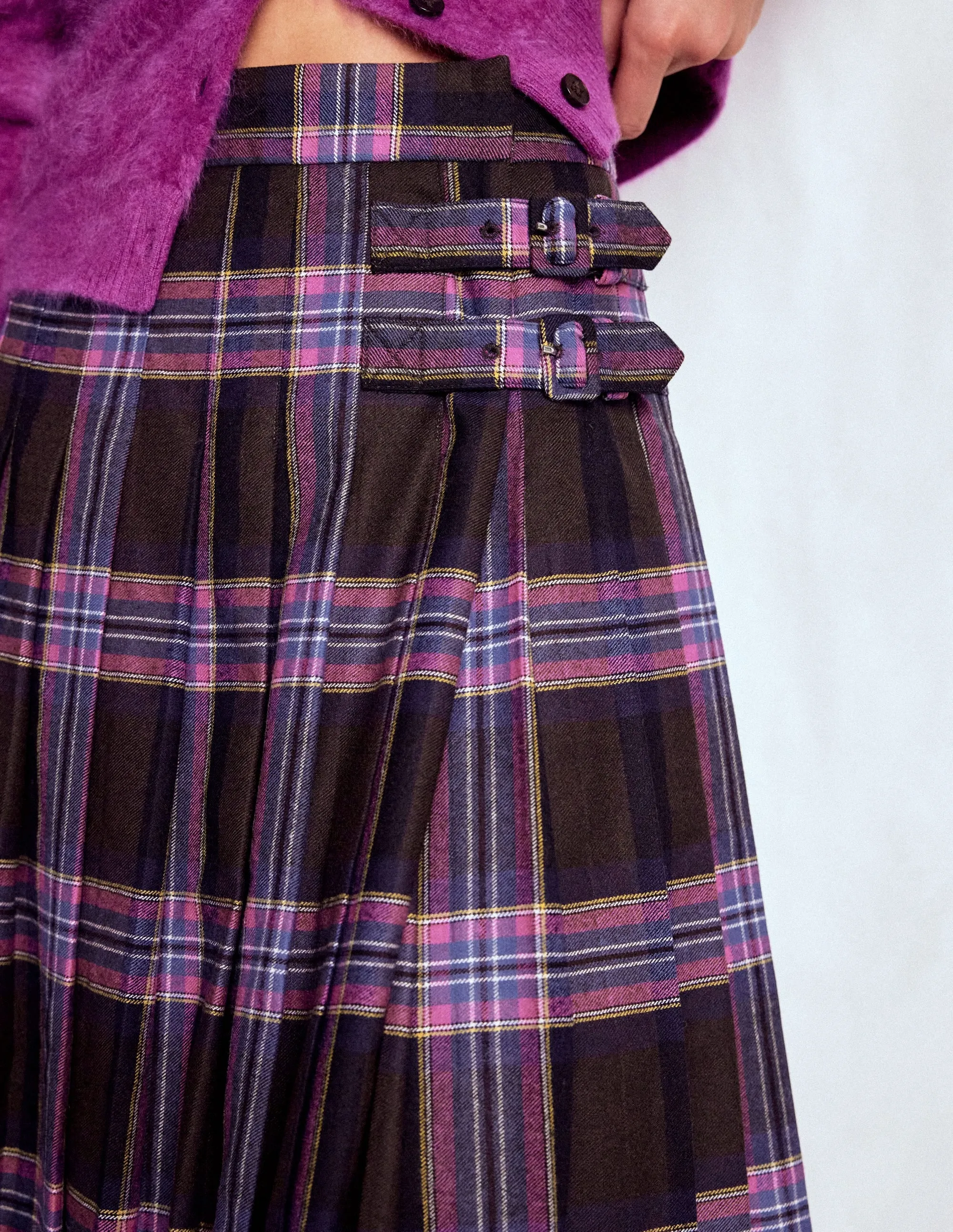 Josephine Wool Kilt Skirt-Brown, Teal & Pink Check casual finish