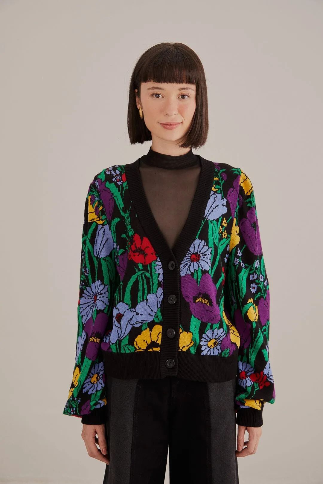 Black Bucolic Garden Knit Cardigan Sustainable Material