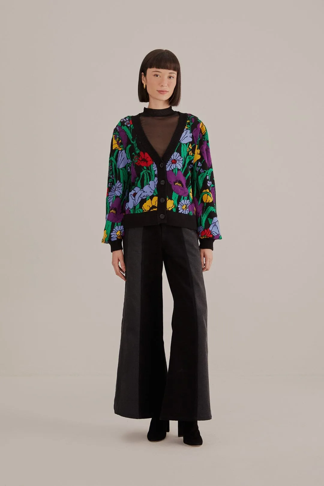 Eco Conscious Production Layered Look Black Bucolic Garden Knit Cardigan