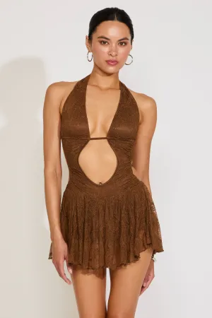 Smart and Chic TIE NECK OPEN BACK & FRONT LACE RUFFLED MINI DRESS