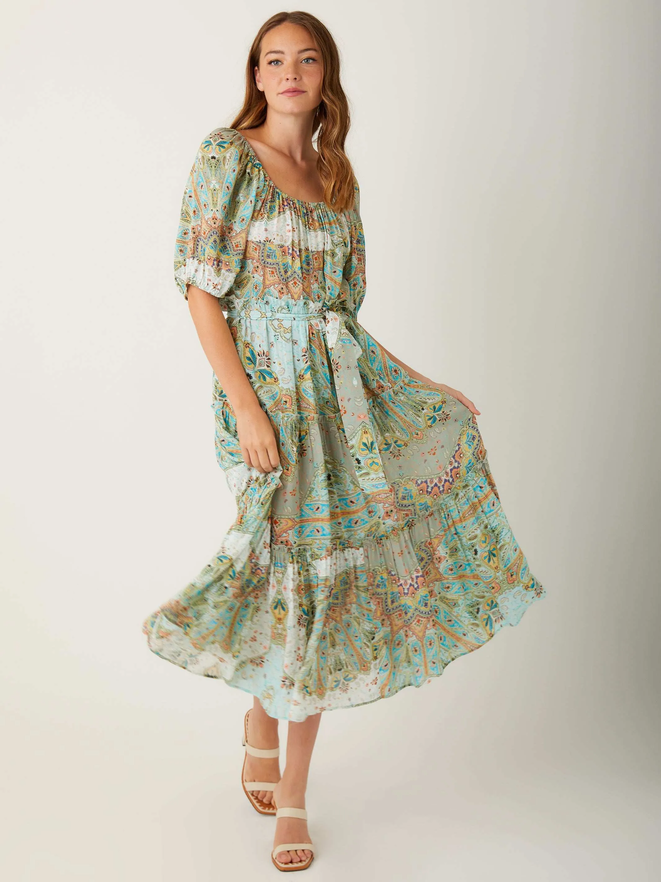 Shirred-Detail Formed Look Tiered Poof Sleeve Dress