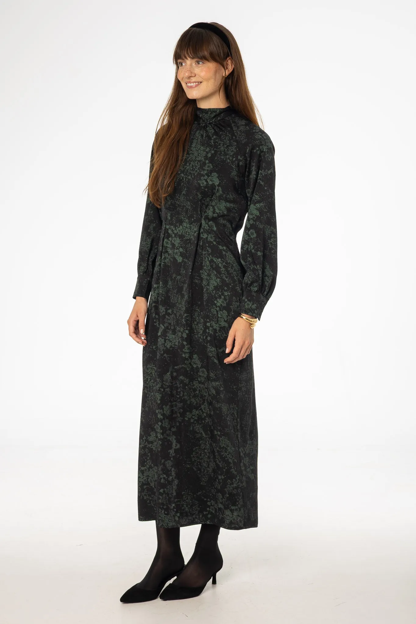 Black & Green Printed Tie Neck Dress HypoallergenicFiber