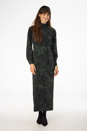 Black & Green Printed Tie Neck Dress Scalloped-Edge