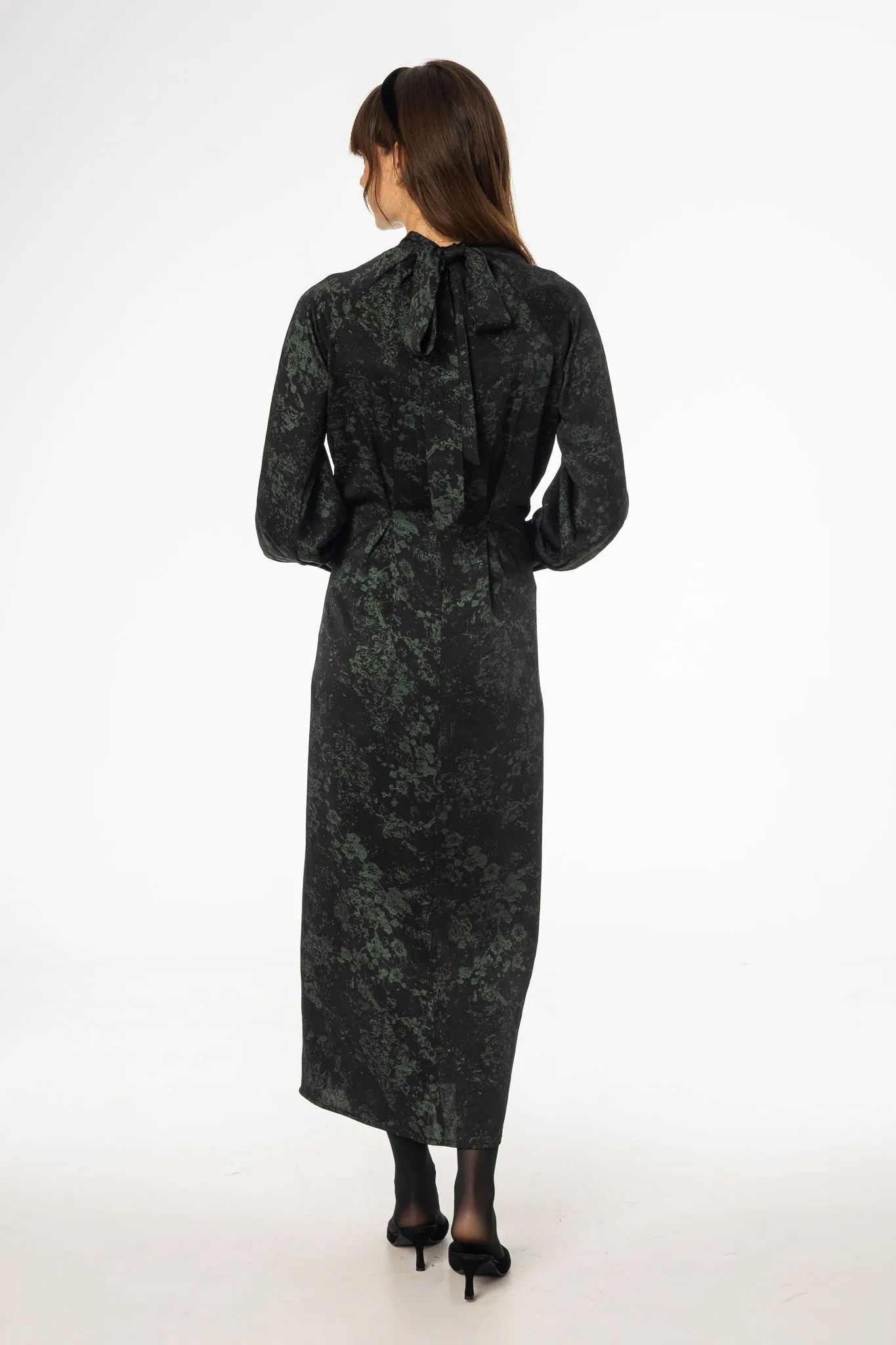Rural Charm Black & Green Printed Tie Neck Dress