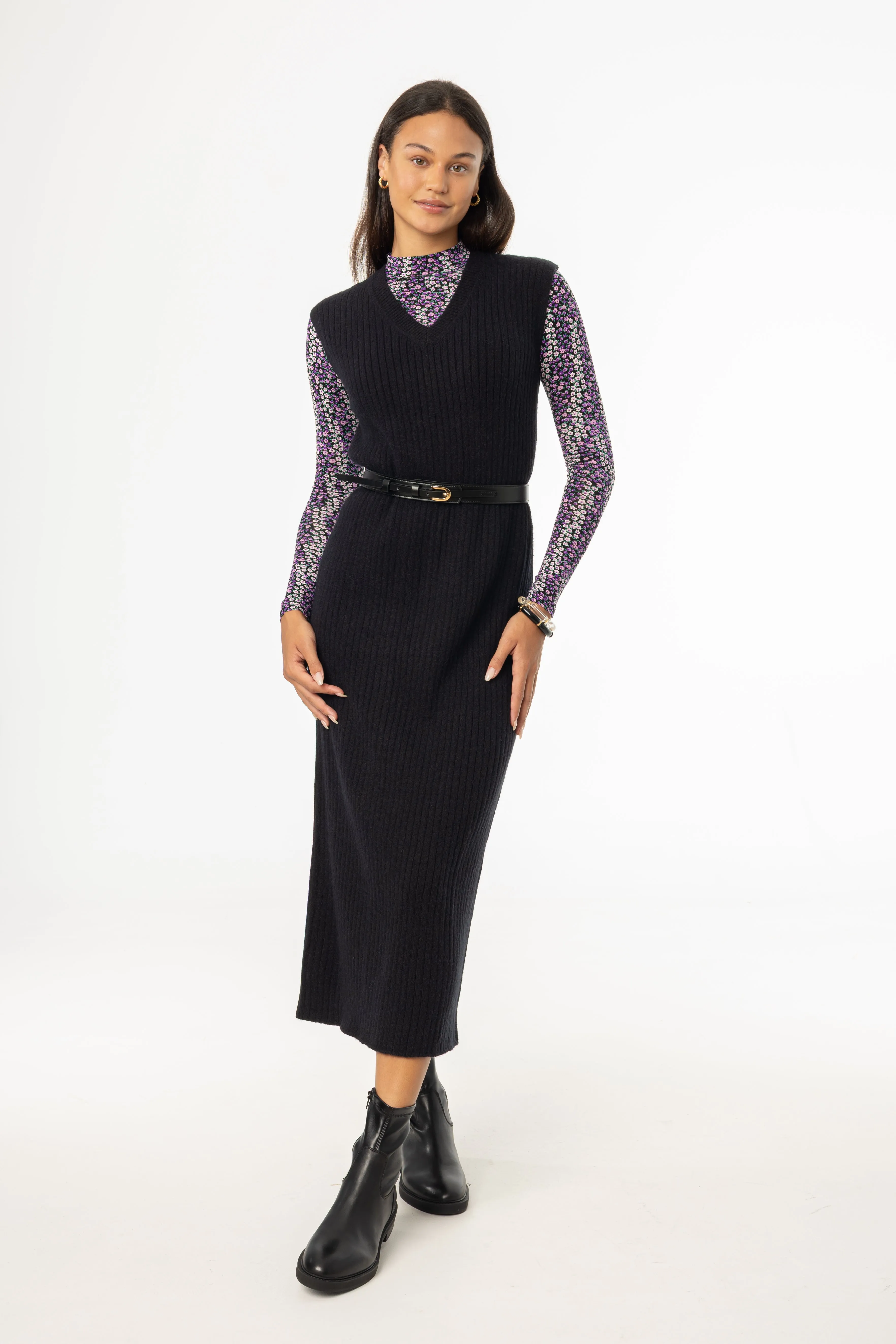 Black V Neck Knit Maxi Dress Smart Fashion