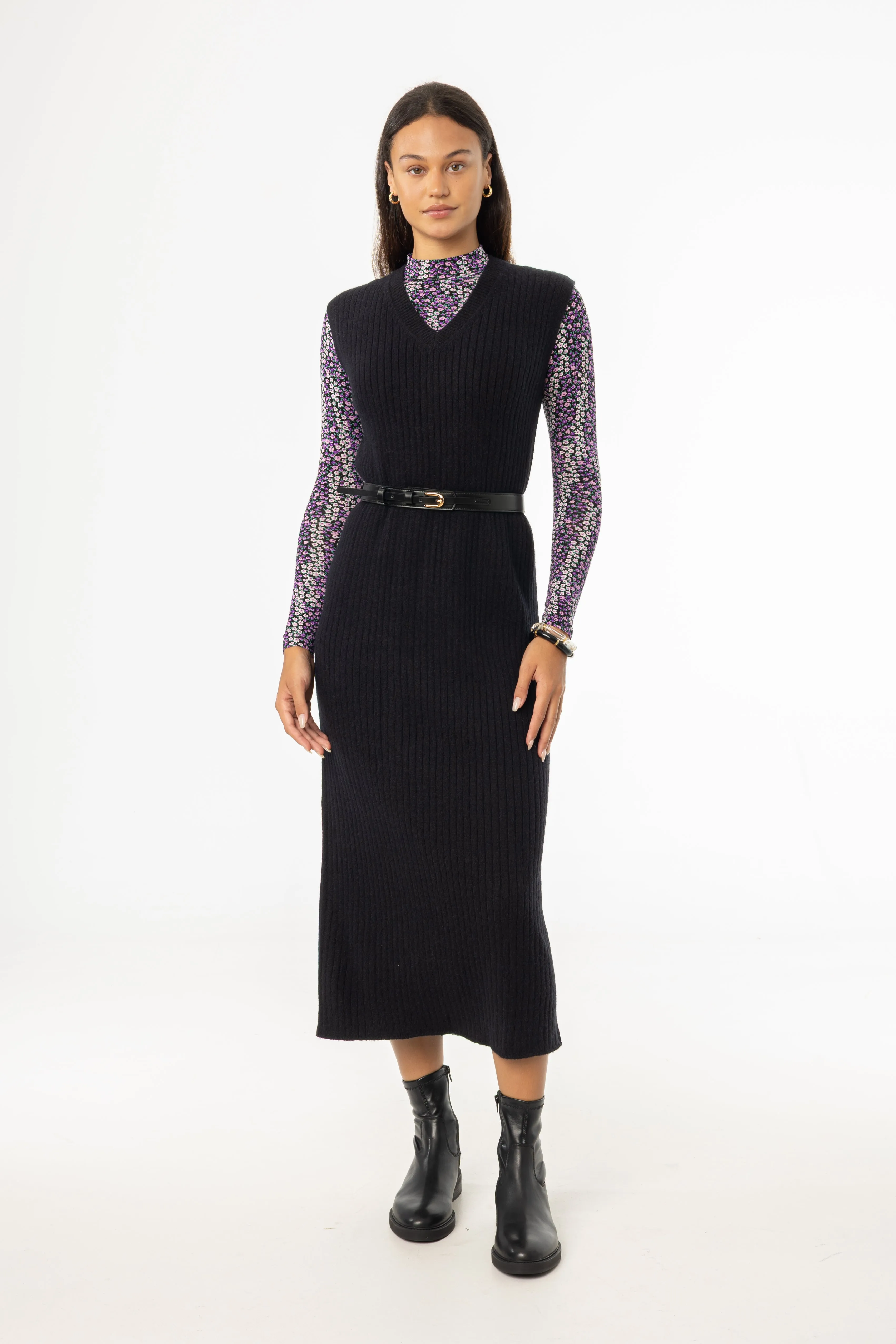 Soft Feel Japan Line Black V Neck Knit Maxi Dress