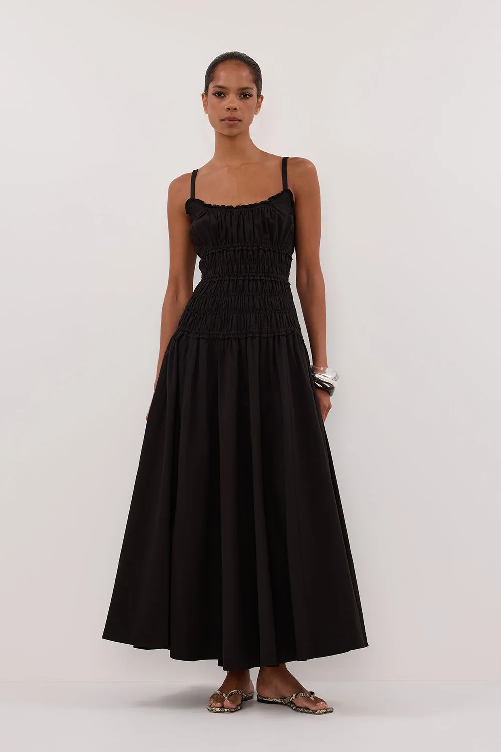 Lace-Trim TOBY BLACK COTTON MIDI DRESS