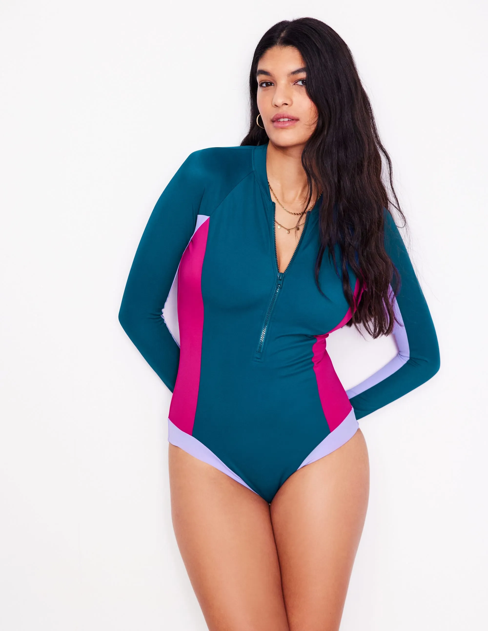 Quick Evaporating Fabric Coastal Attire Sporty Raglan Sleeve Swimsuit-Oceanside Blue