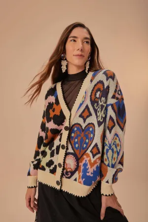 Mixed Ikat Hearts Knit Cardigan Stretch Flexibility Non Chlorine Bleach Safe