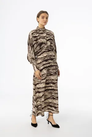 AntiFrayEdging Layered Fabric Brown Printed Draped Maxi Dress