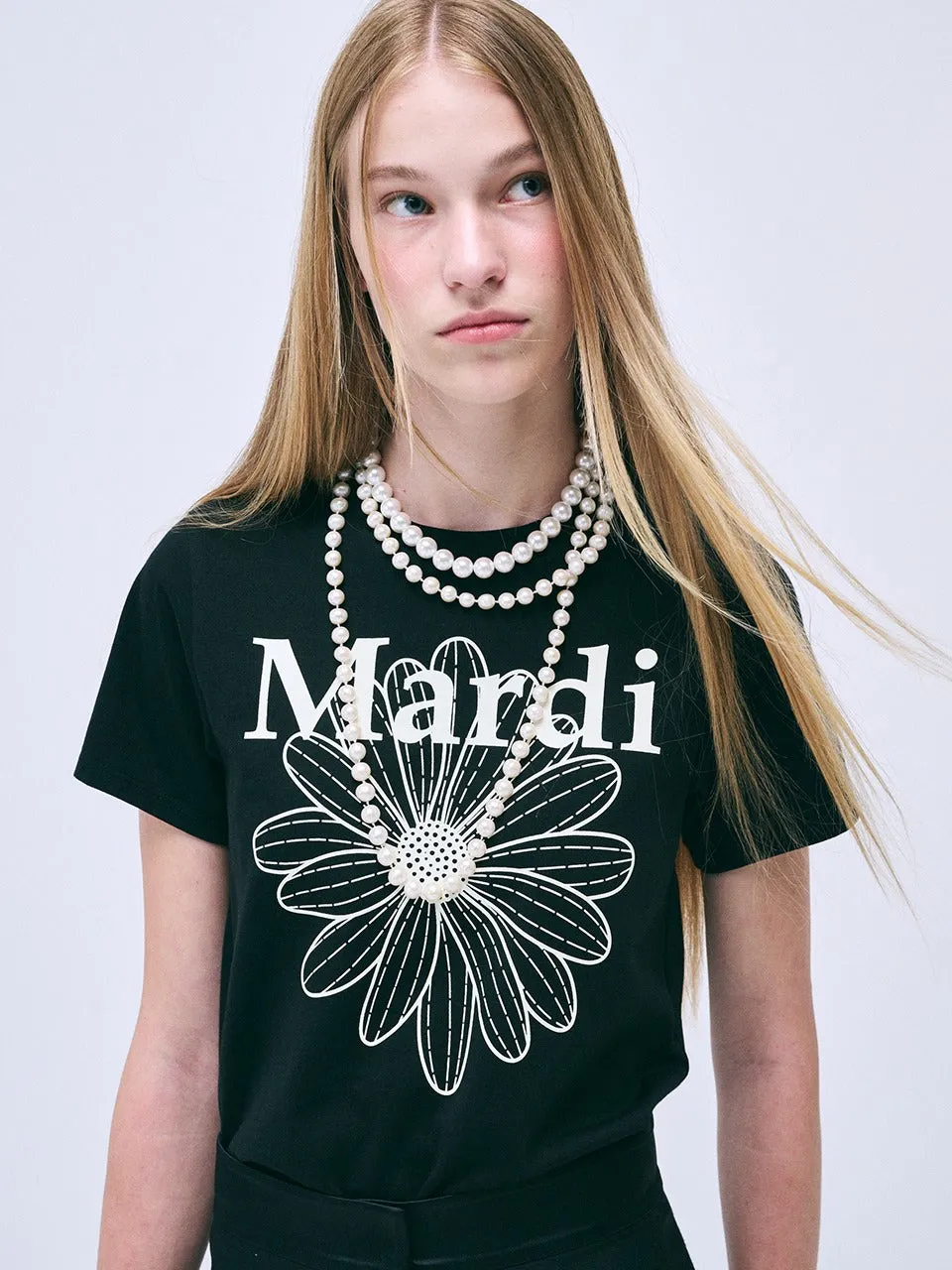 SLIM TSHIRT FLOWERMARDI_BLACK IVORY NoSideSeam Sleek Design Fit