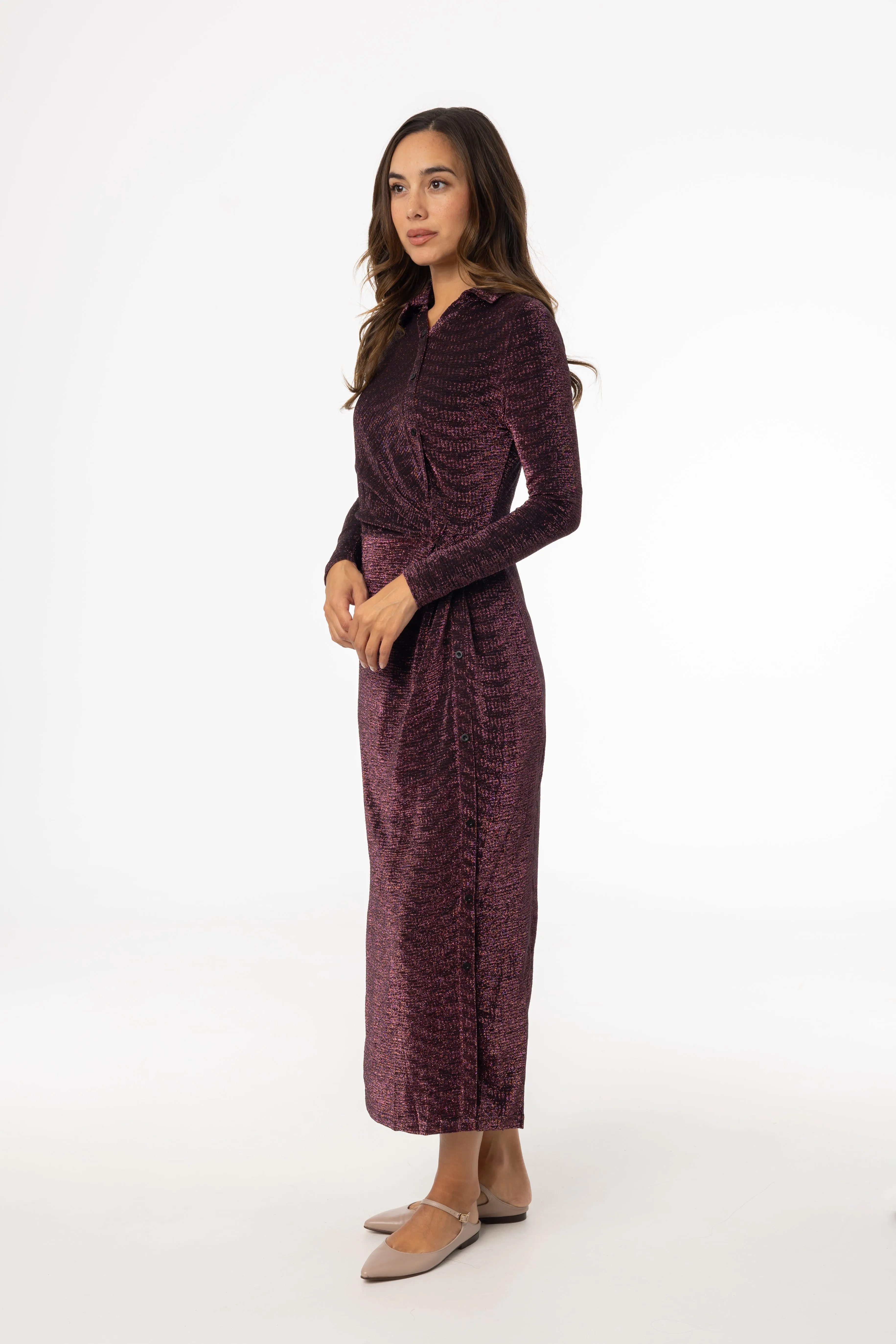 Purple Sparkle Side Button Maxi Dress Waist-Cinching