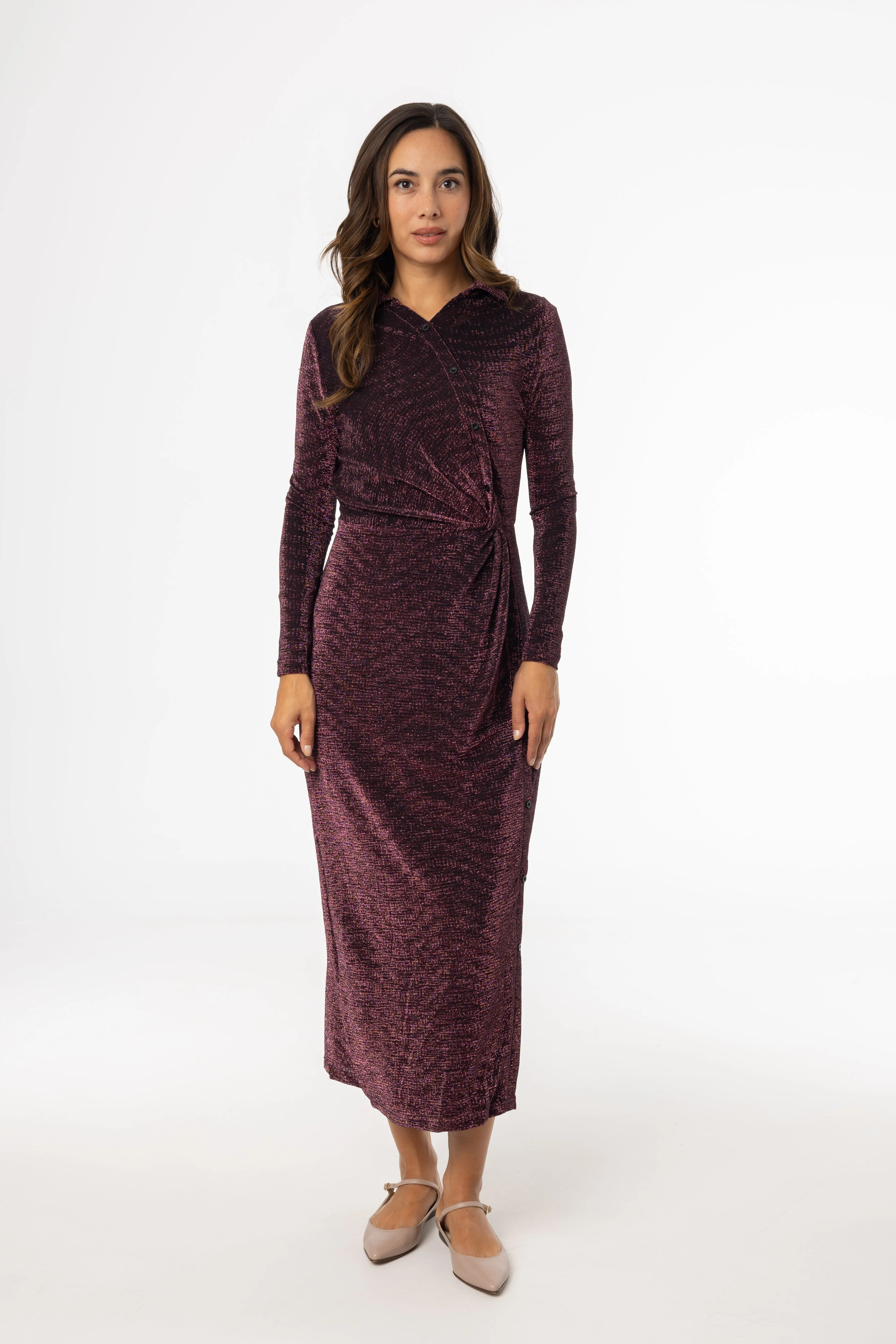 Purple Sparkle Side Button Maxi Dress Waist Seam
