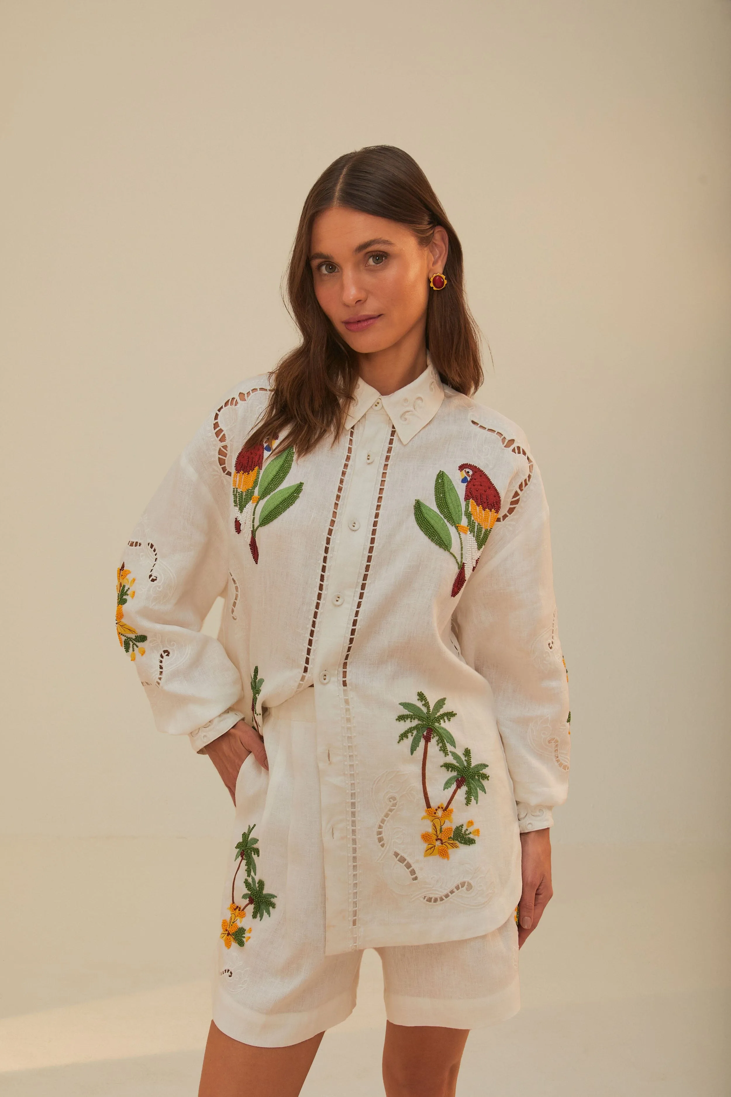 Tropical Destination Embroidered Euroflax? Premium Linen Shorts Foldable style fishing outfit