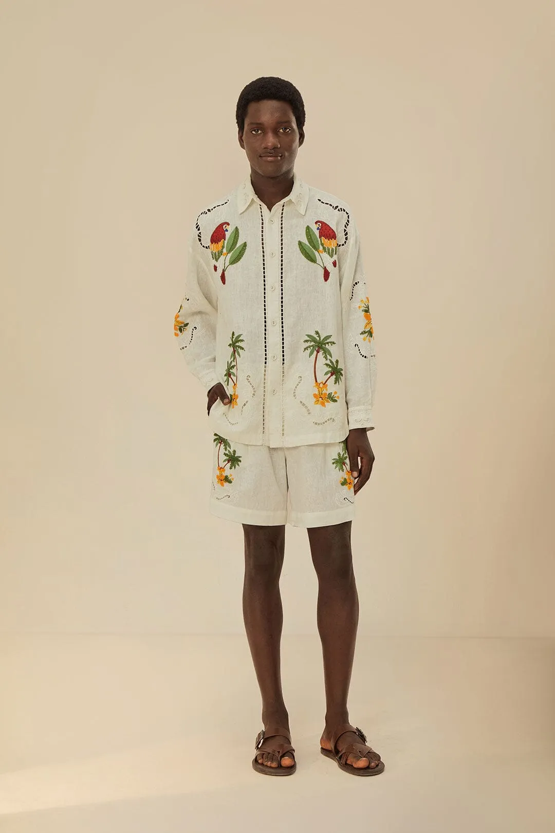 Lightweight Design Outdoor Use Tropical Destination Embroidered Euroflax? Premium Linen Shorts