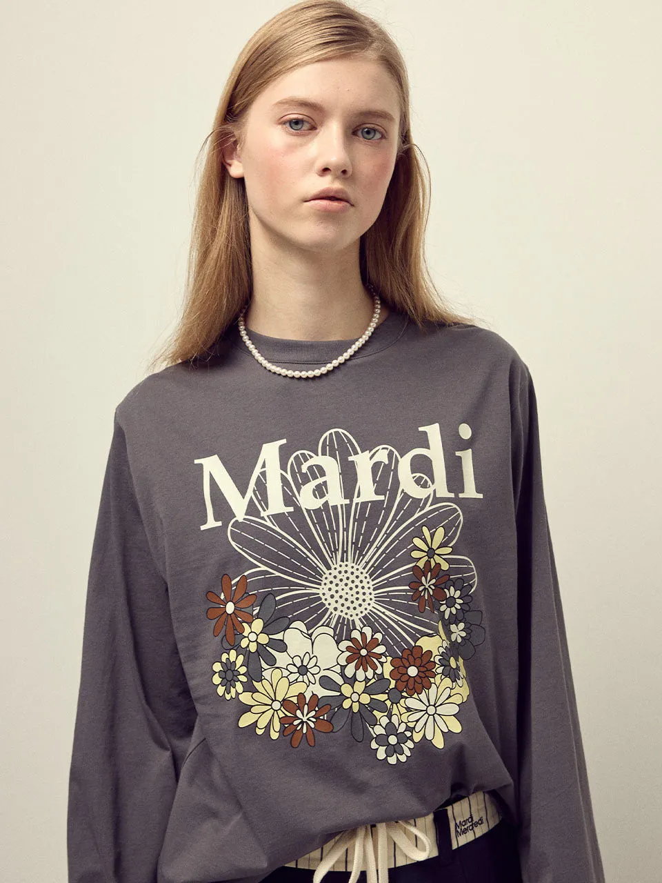 TSHIRT LONG SLEEVE FLOWERMARDI JARDIN_CHARCOAL IVORY Comfy Layer Wear